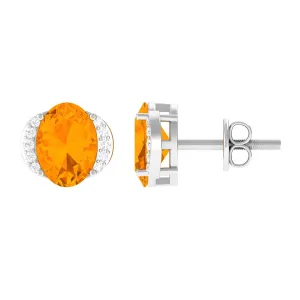 Oval Fire Opal Solitaire Stud Earrings with Diamond