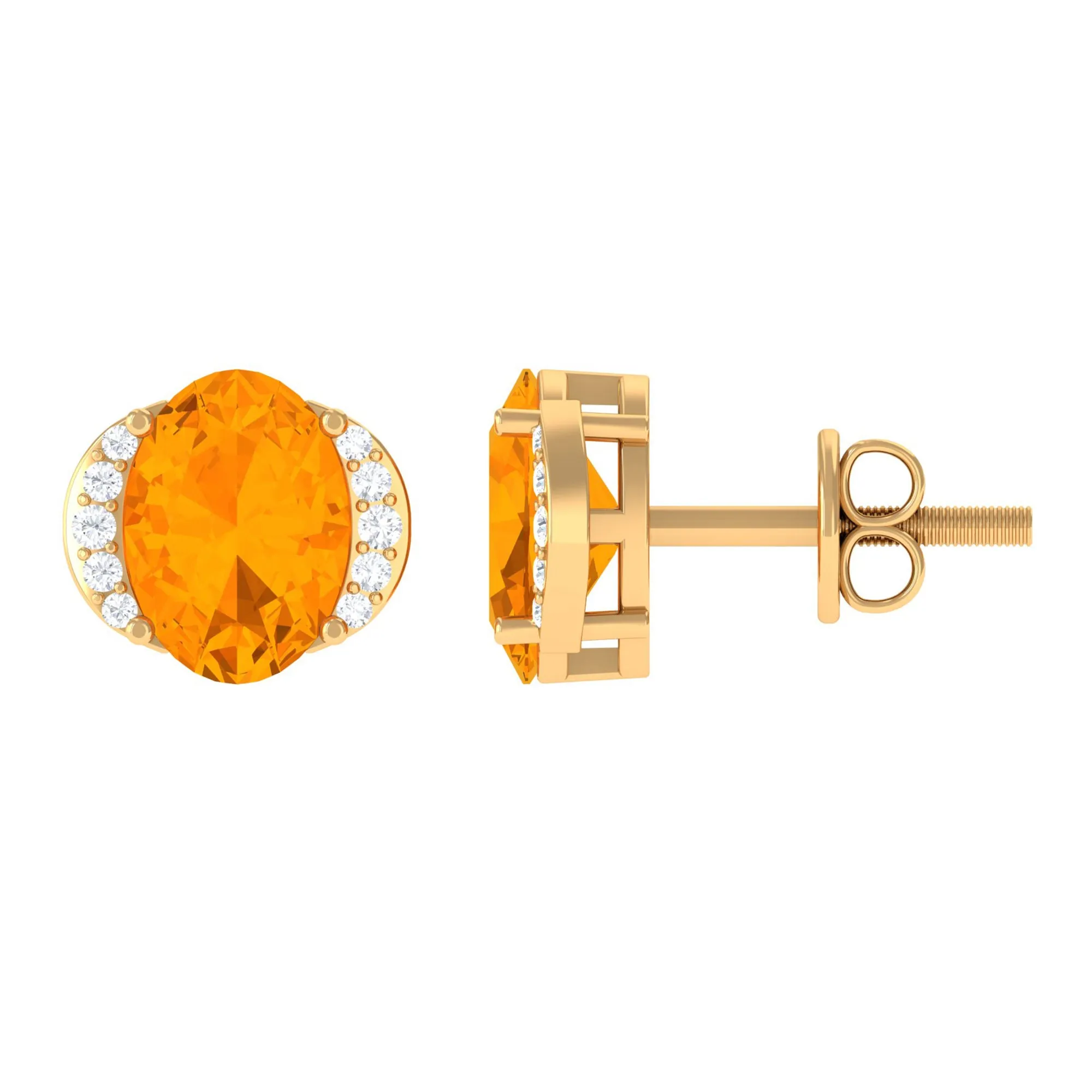 Oval Fire Opal Solitaire Stud Earrings with Diamond