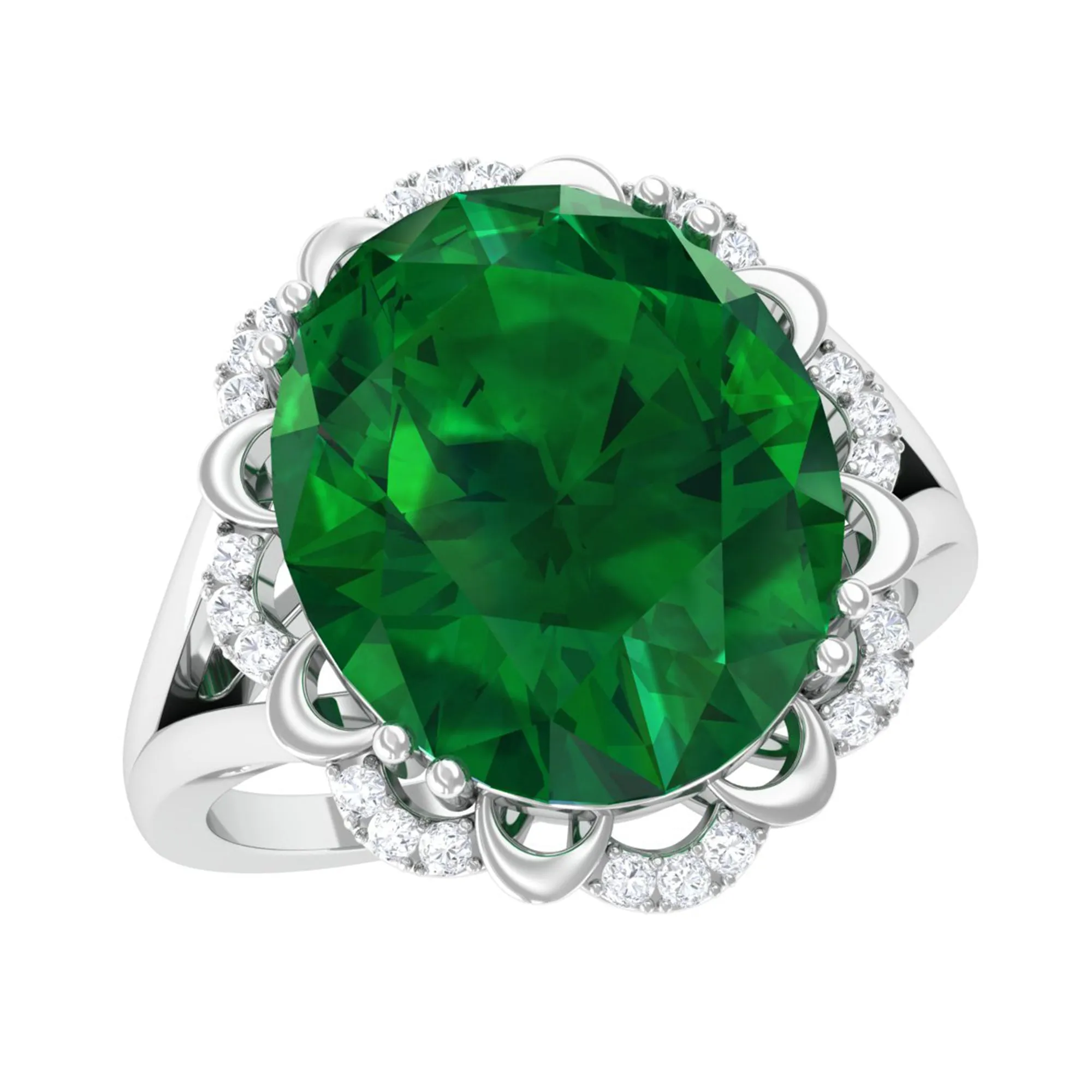 Oval Lab Created Emerald Solitaire Engagement Ring with Diamond