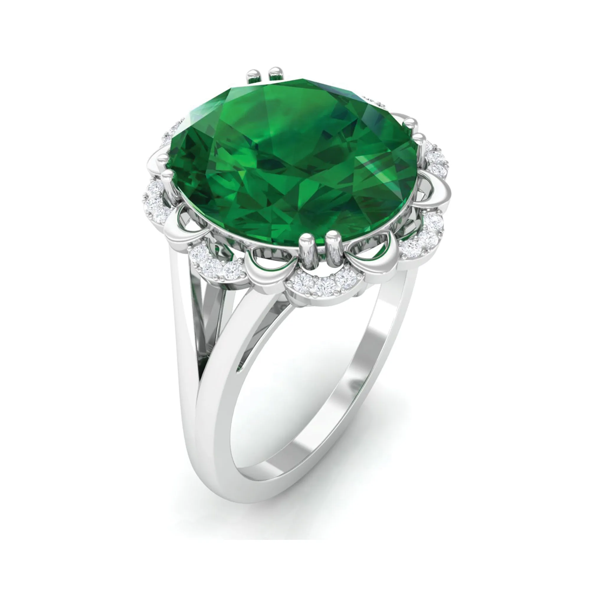 Oval Lab Created Emerald Solitaire Engagement Ring with Diamond