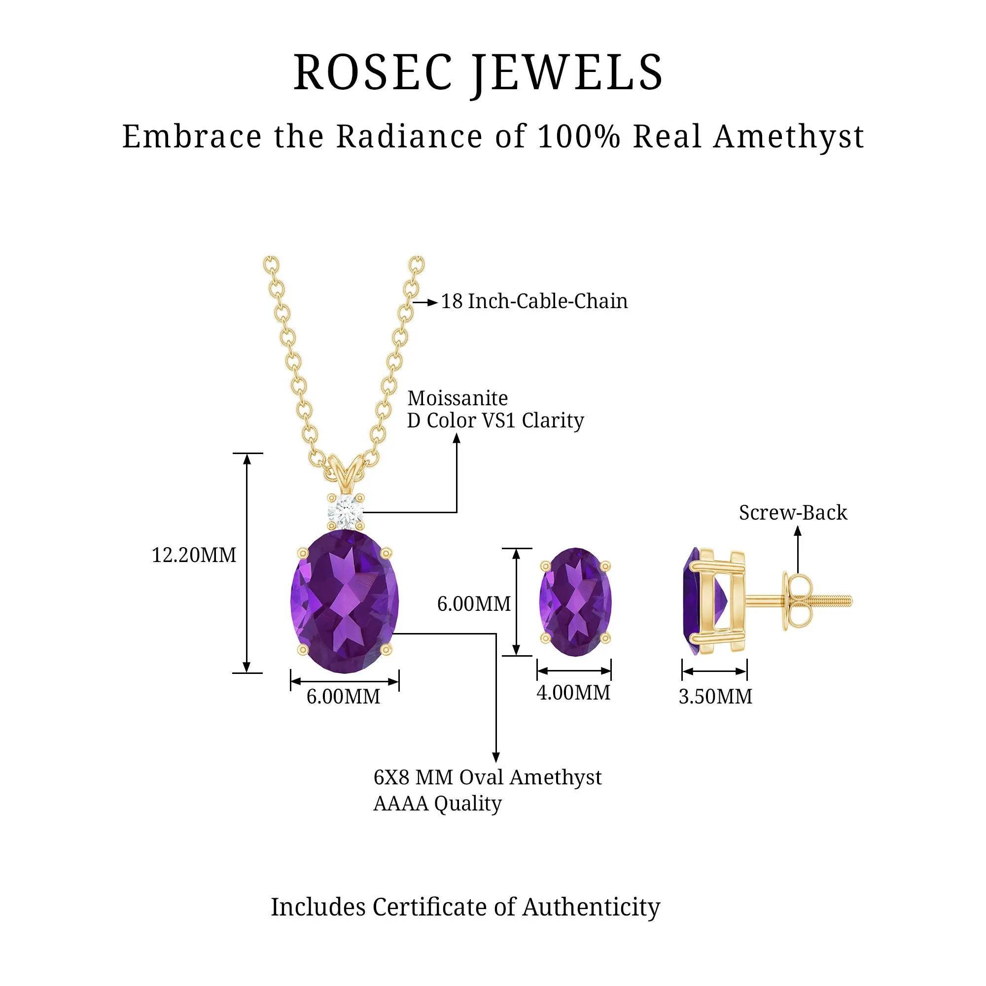 Oval Shape Amethyst Solitaire Jewelry Set with Moissanite