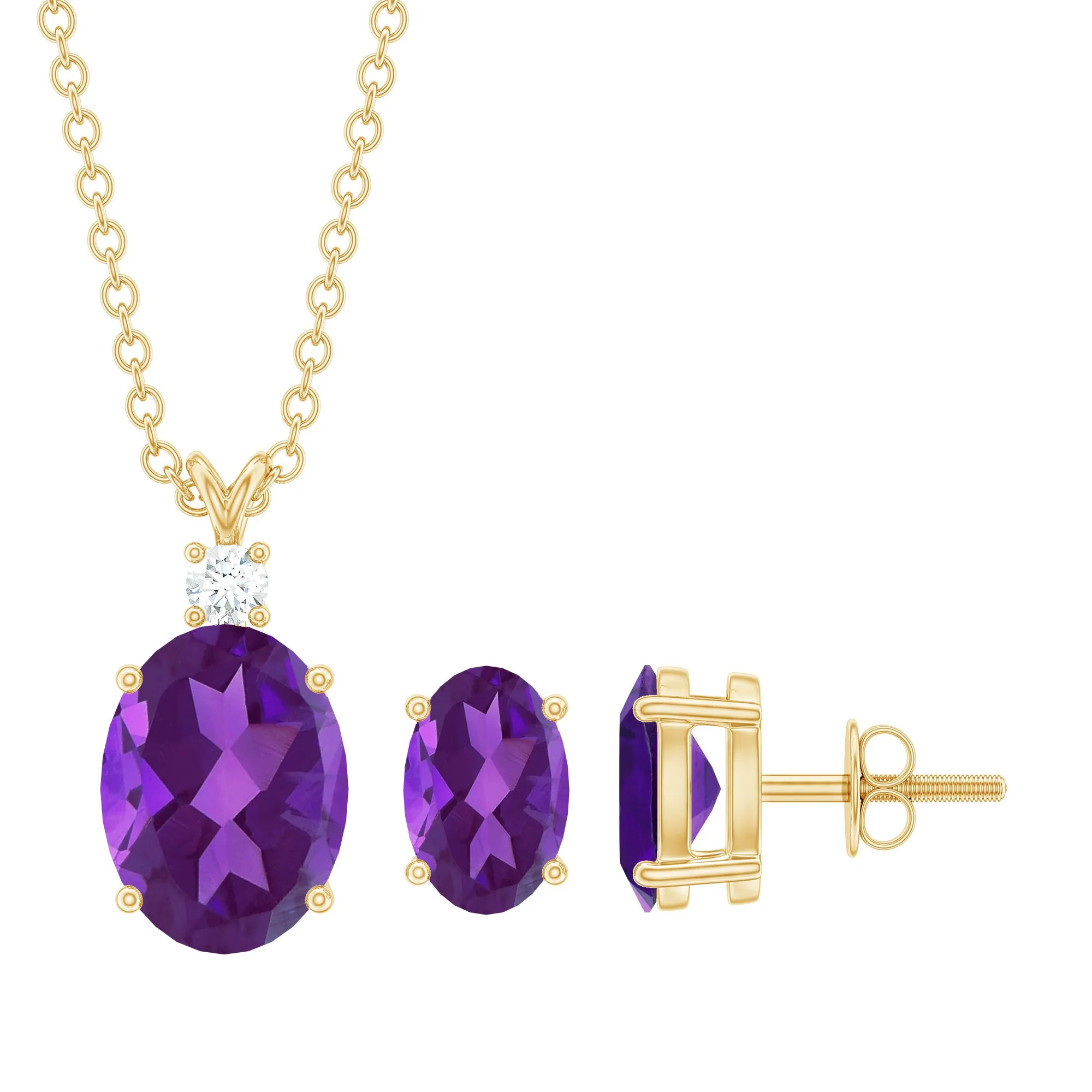 Oval Shape Amethyst Solitaire Jewelry Set with Moissanite