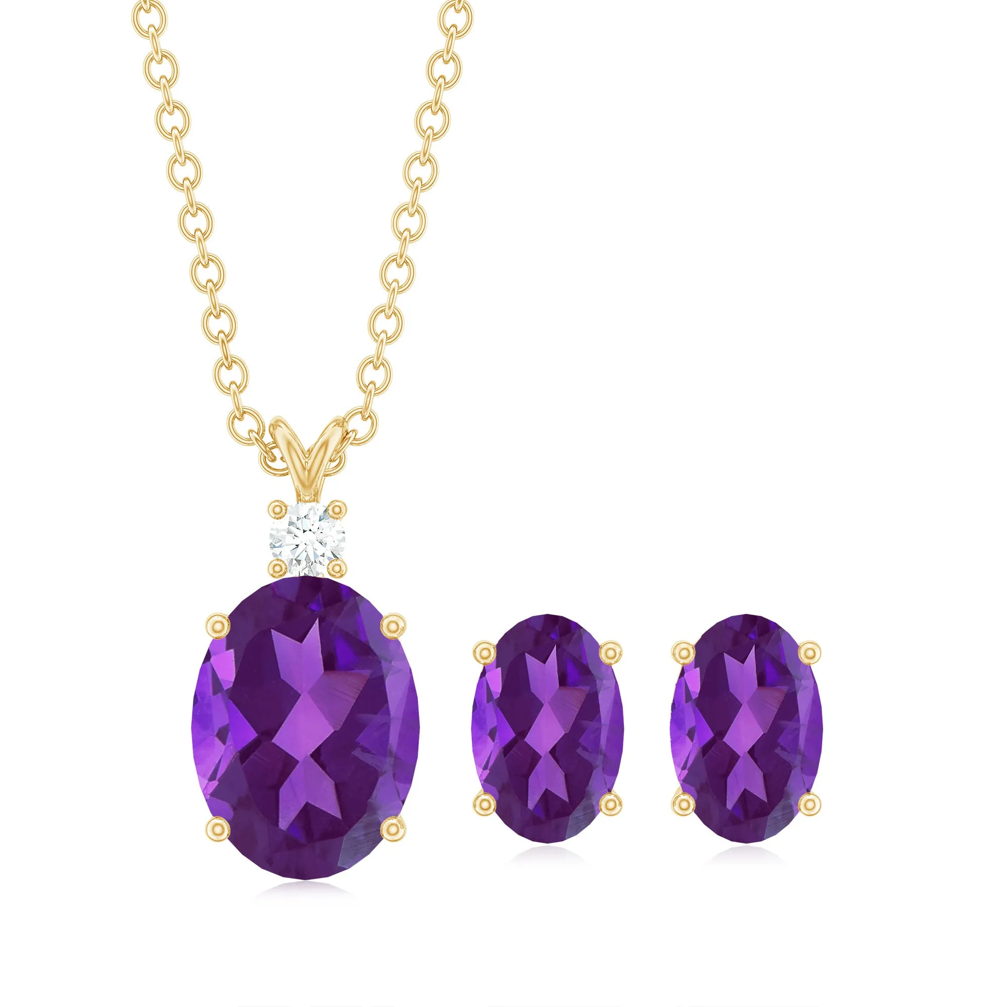 Oval Shape Amethyst Solitaire Jewelry Set with Moissanite