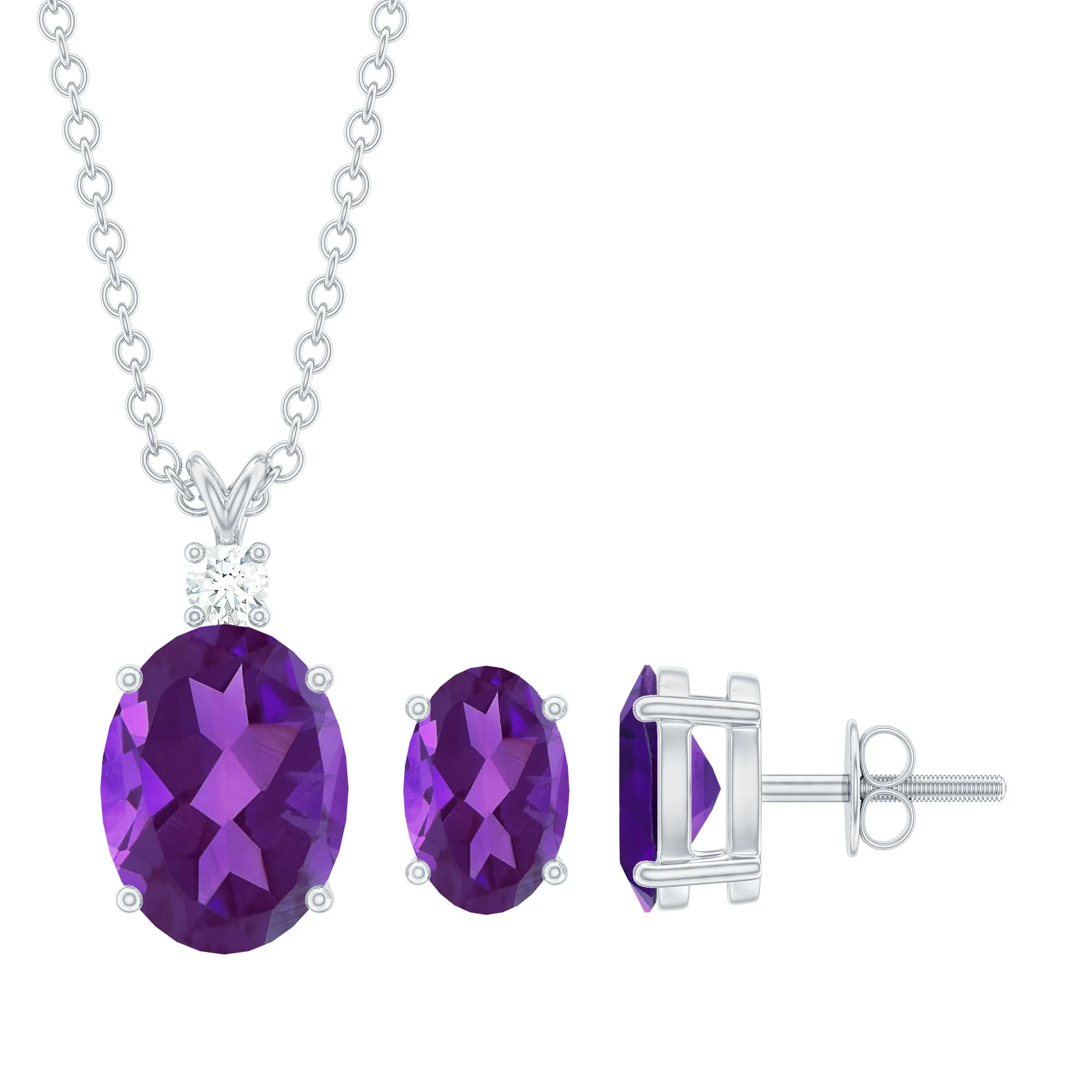 Oval Shape Amethyst Solitaire Jewelry Set with Moissanite