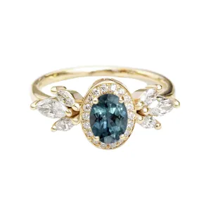 Oval teal sapphire art deco engagement ring - Athena