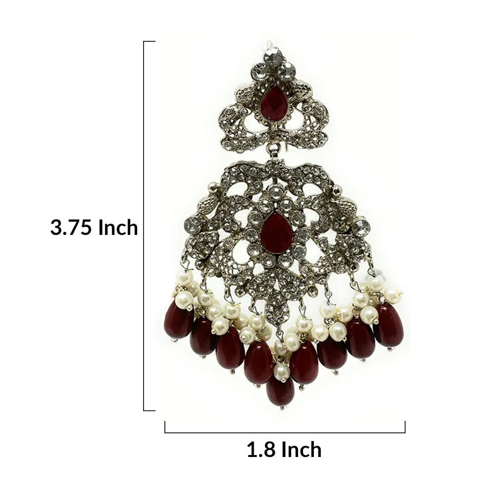 Pakistani Indian Silver Plated Trendy Bollywood Fashion Dangle Earring with Red Zircon and Pearl Hair Chain for Women - Duel On Jewel