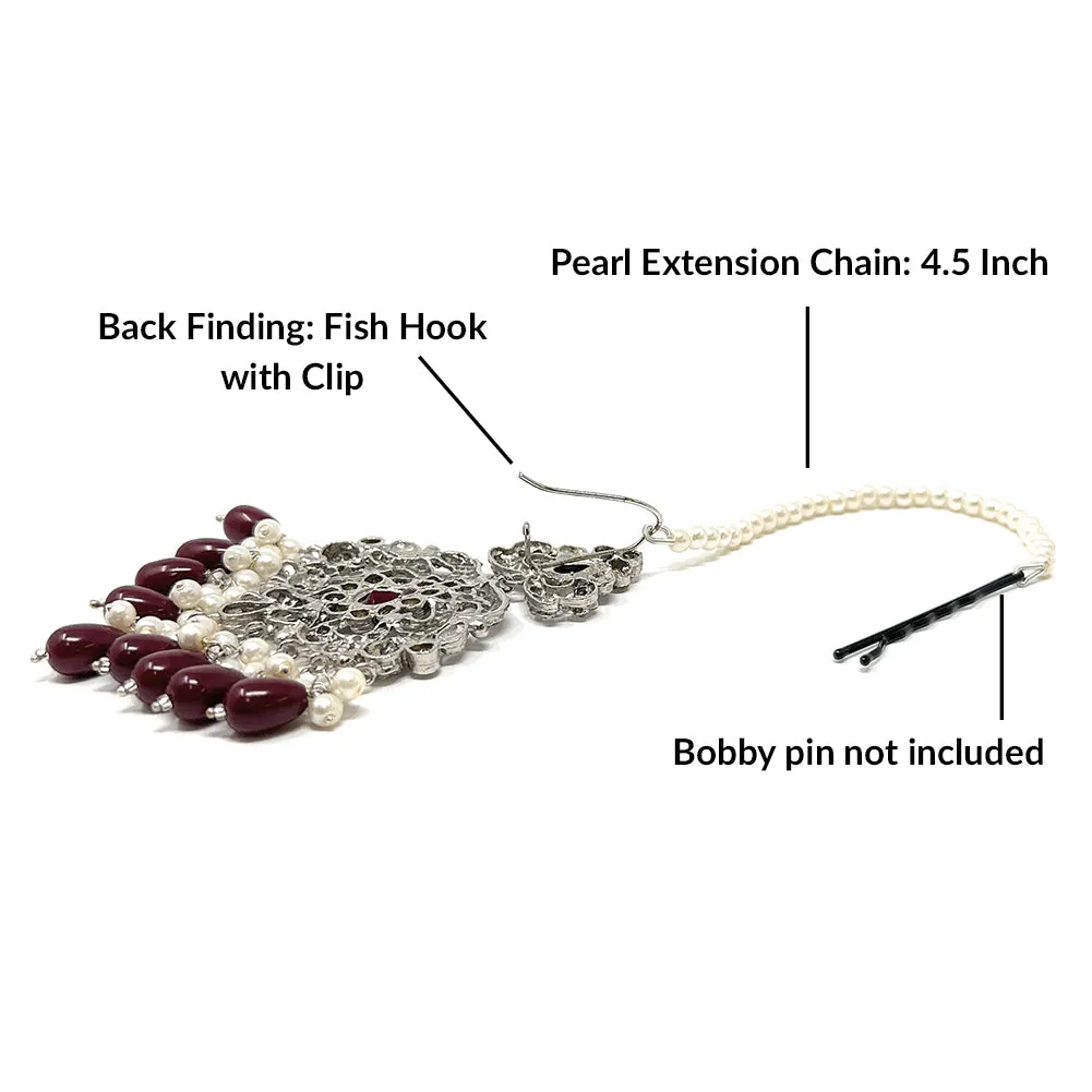 Pakistani Indian Silver Plated Trendy Bollywood Fashion Dangle Earring with Red Zircon and Pearl Hair Chain for Women - Duel On Jewel