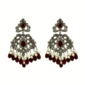 Pakistani Indian Silver Plated Trendy Bollywood Fashion Dangle Earring with Red Zircon and Pearl Hair Chain for Women - Duel On Jewel