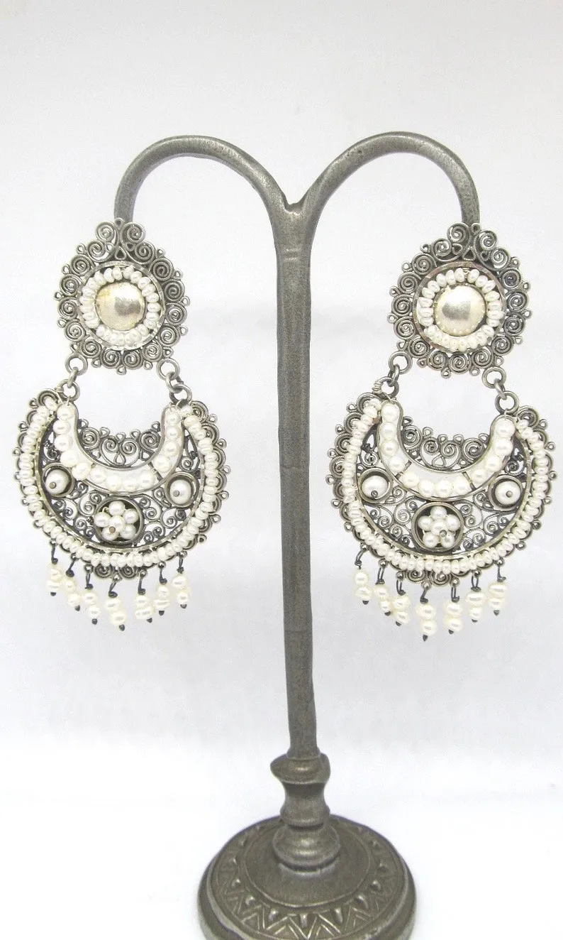 PEARL JAM Mexican Silver and Seed Pearl Large Chandelier Earrings