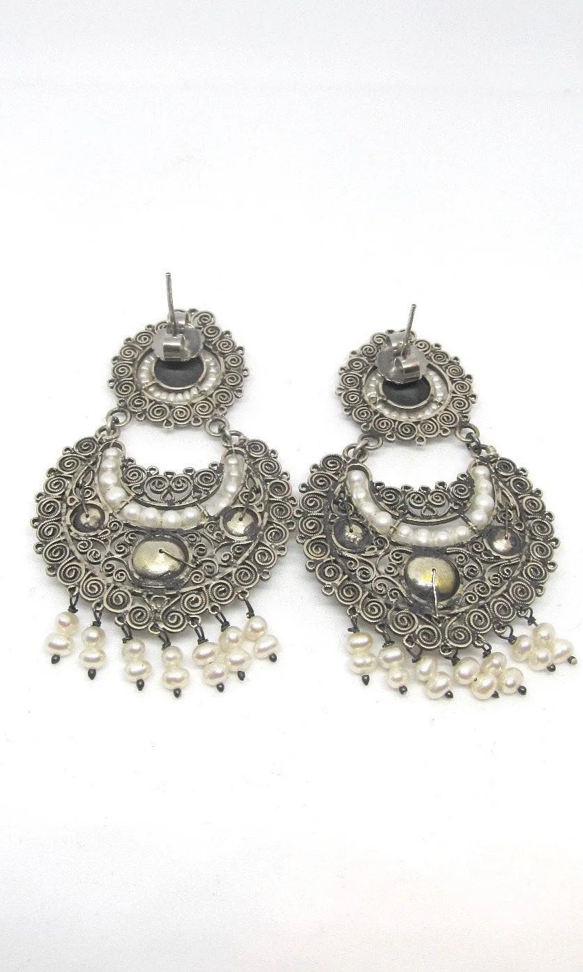 PEARL JAM Mexican Silver and Seed Pearl Large Chandelier Earrings