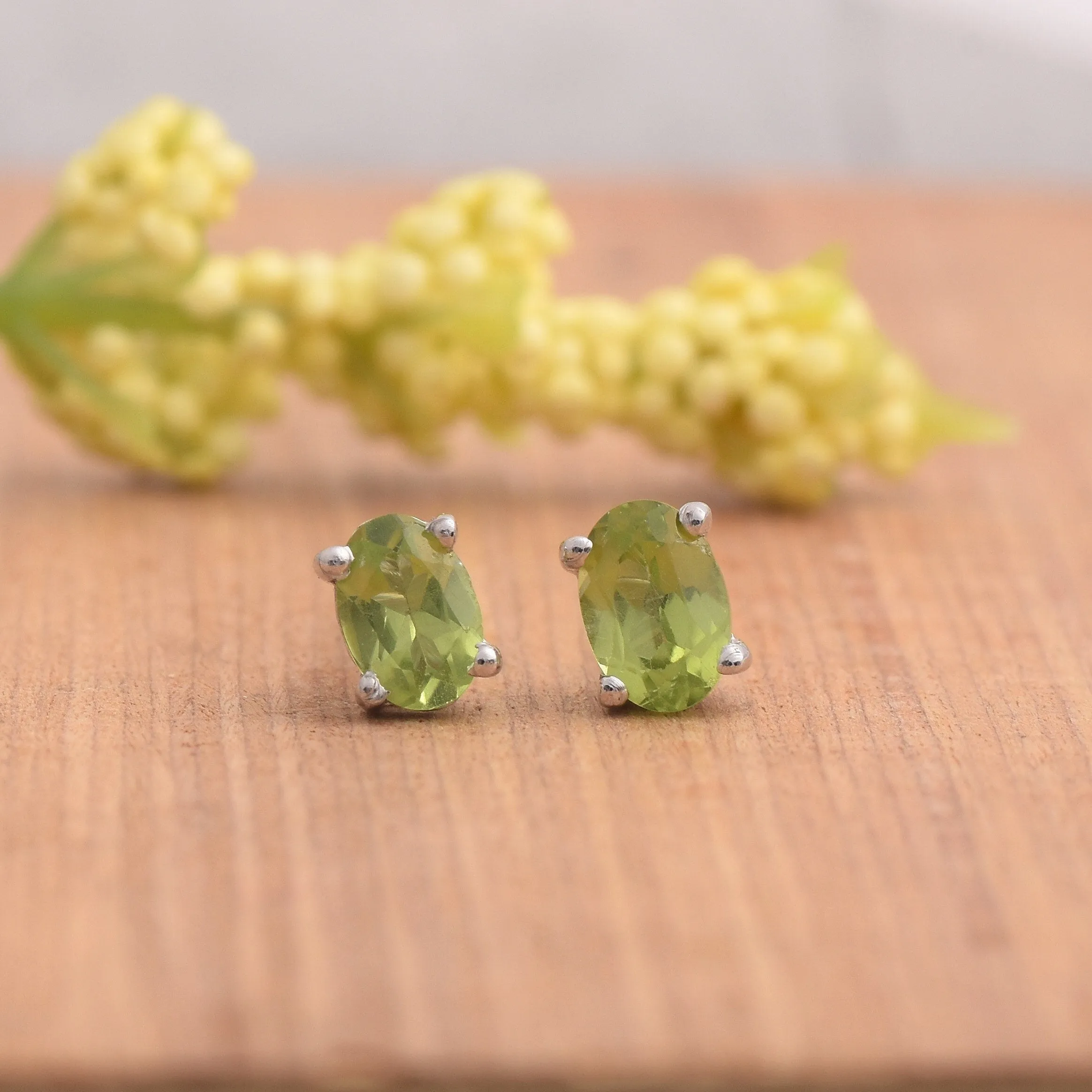 Peridot Silver Oval Stud Earrings