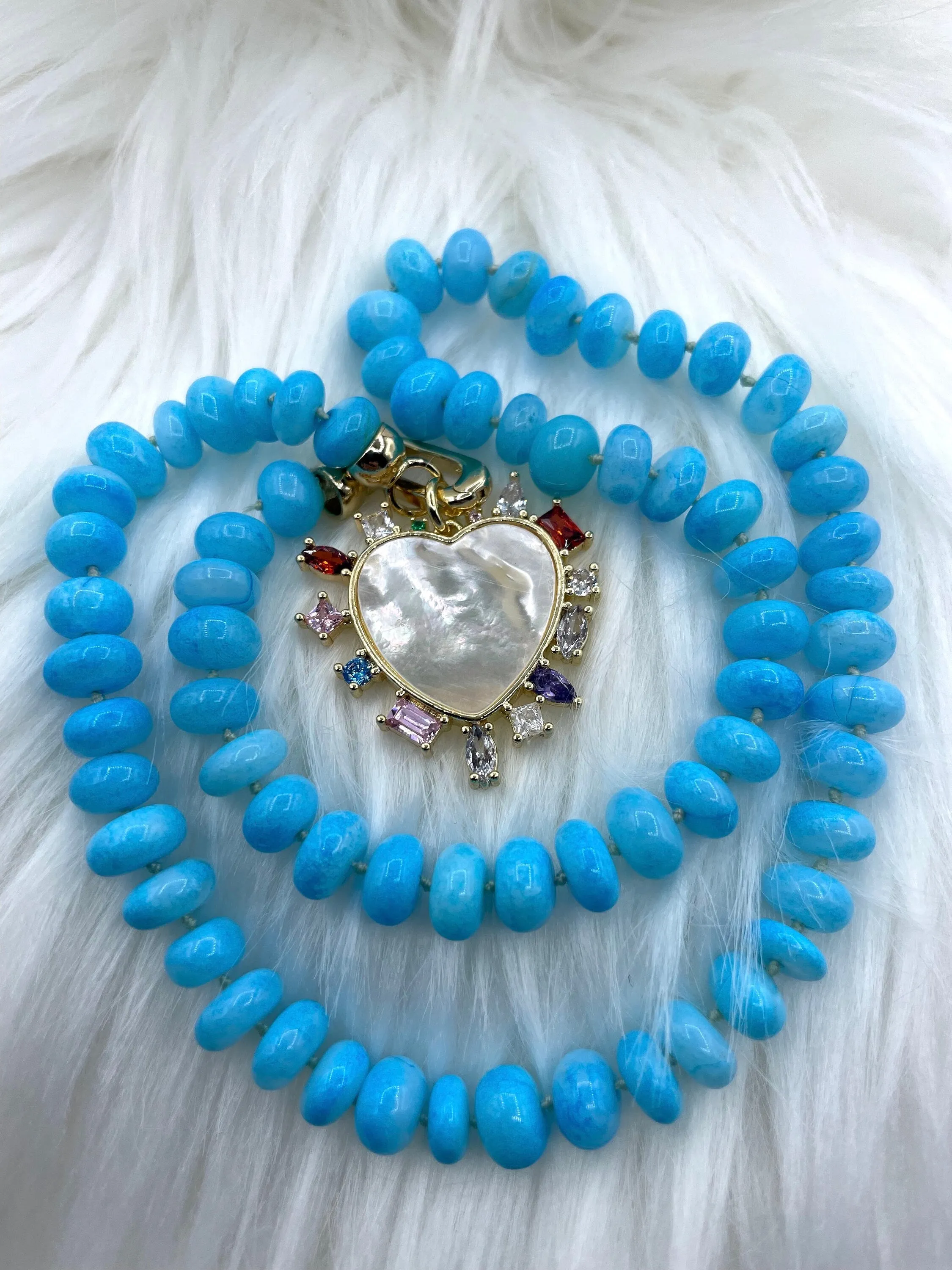 Peruvian Ocean Blue Opal Hand Knotted Necklace, 17-18" Long, Rondelle Stones 8mmx5mm with Gold Finished Ends, Candy Necklace, Fast Ship