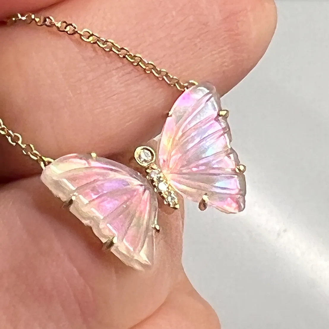 Pink Amethyst Pearl Diamond Butterfly Necklace