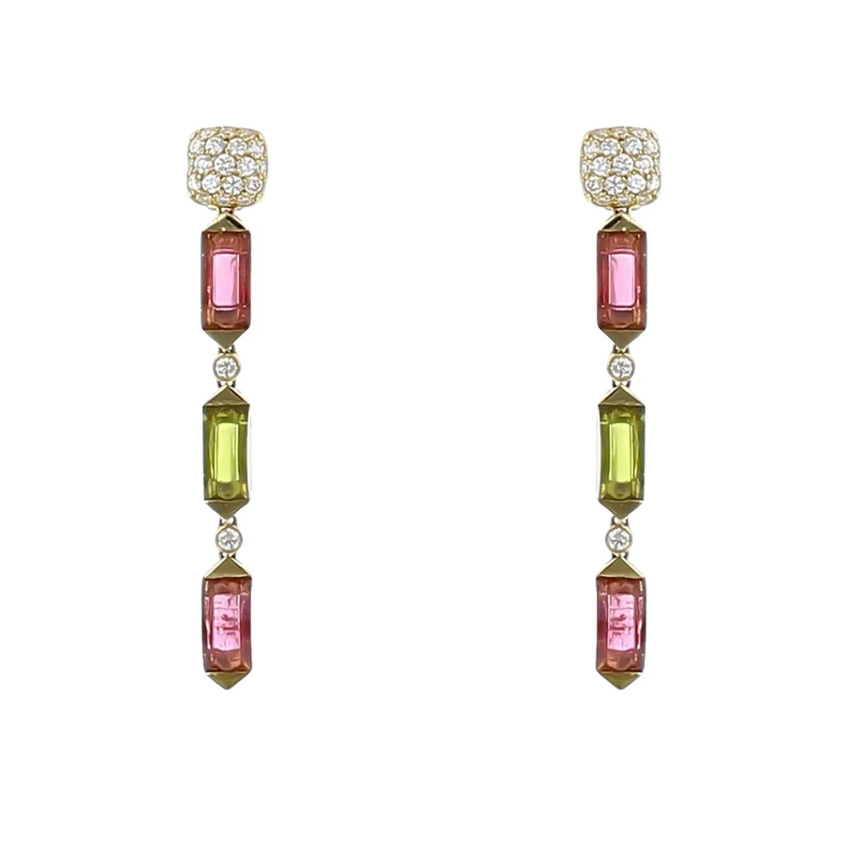 Pink Tourmaline, Peridot and Diamond Drop Earrings