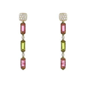 Pink Tourmaline, Peridot and Diamond Drop Earrings