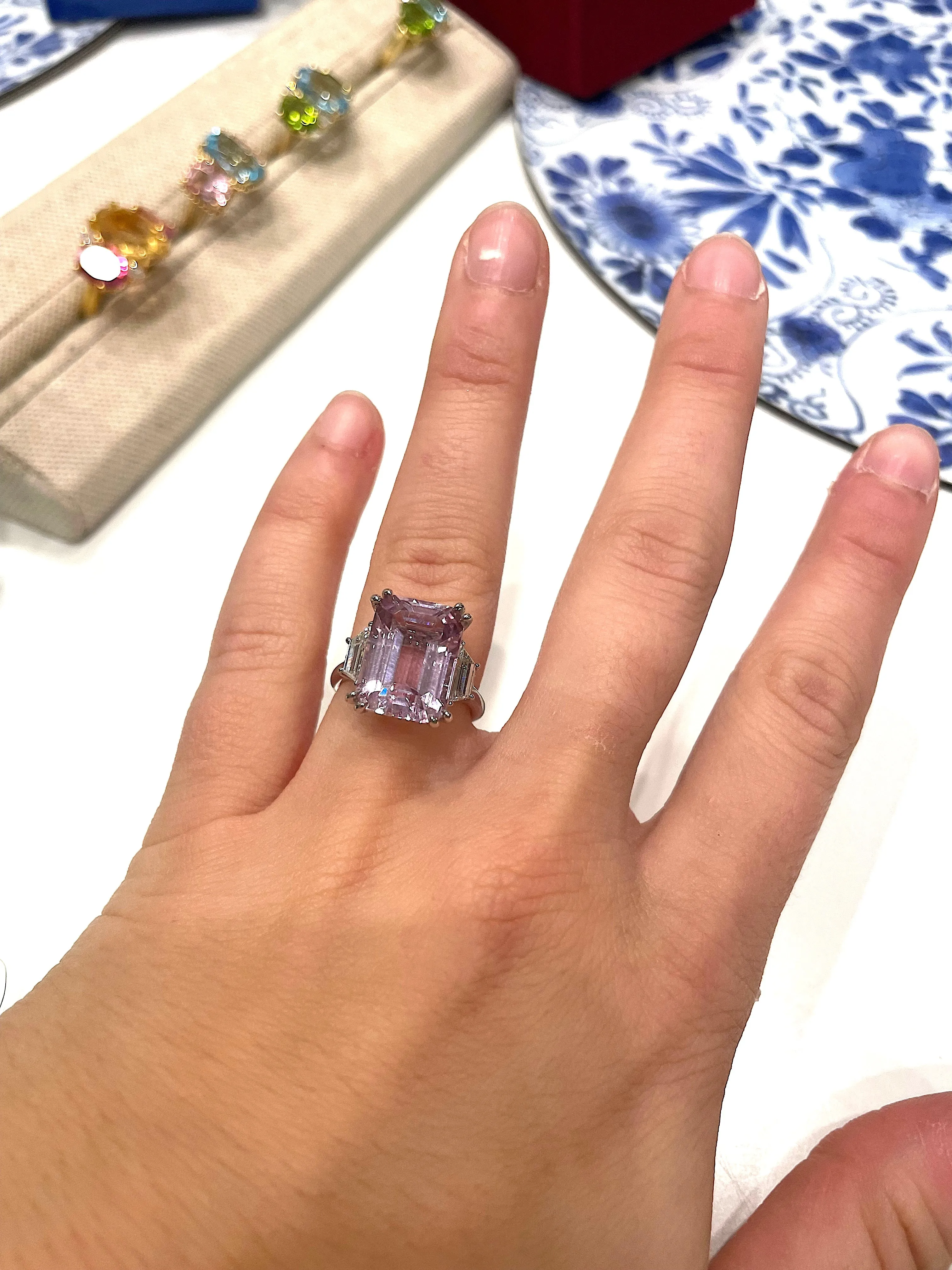 Platinum Kunzite and Diamond Ring