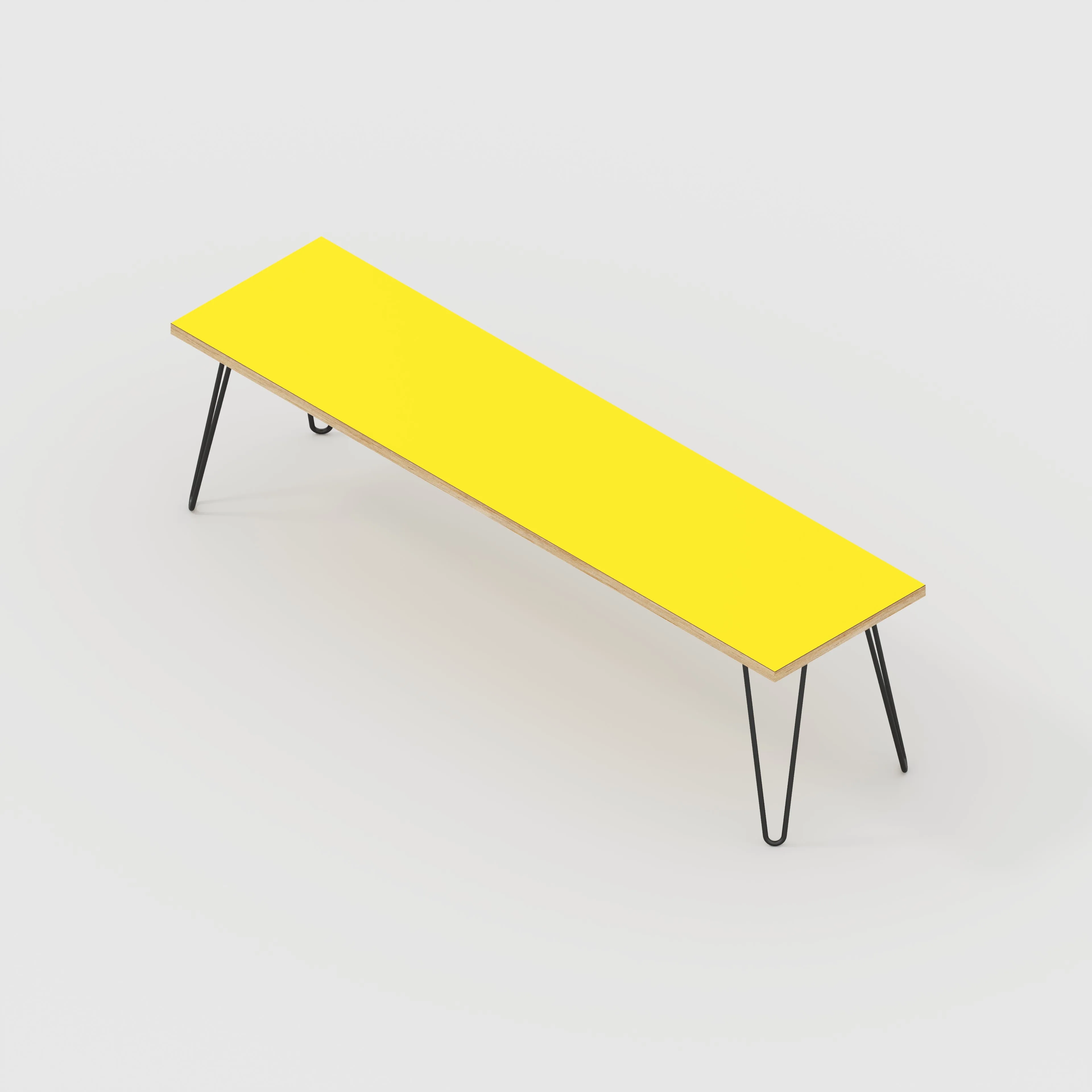 Plywood Bench Seat with Black Hairpin Legs - Formica Chrome Yellow - 1600(w) x 400(d)