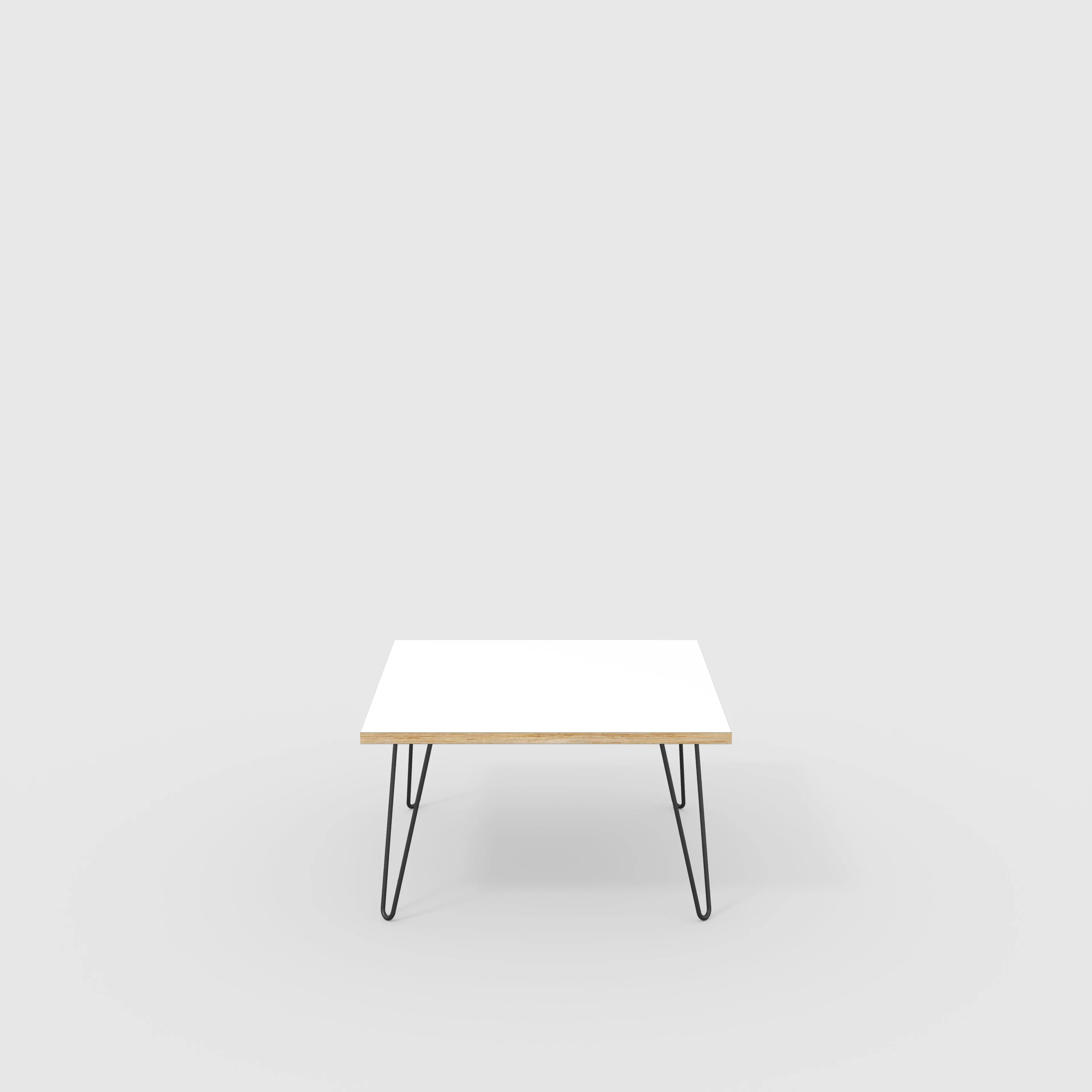 Plywood Coffee Table with Black Hairpin Legs - Formica White - 800(w) x 800(d) x 425(h)