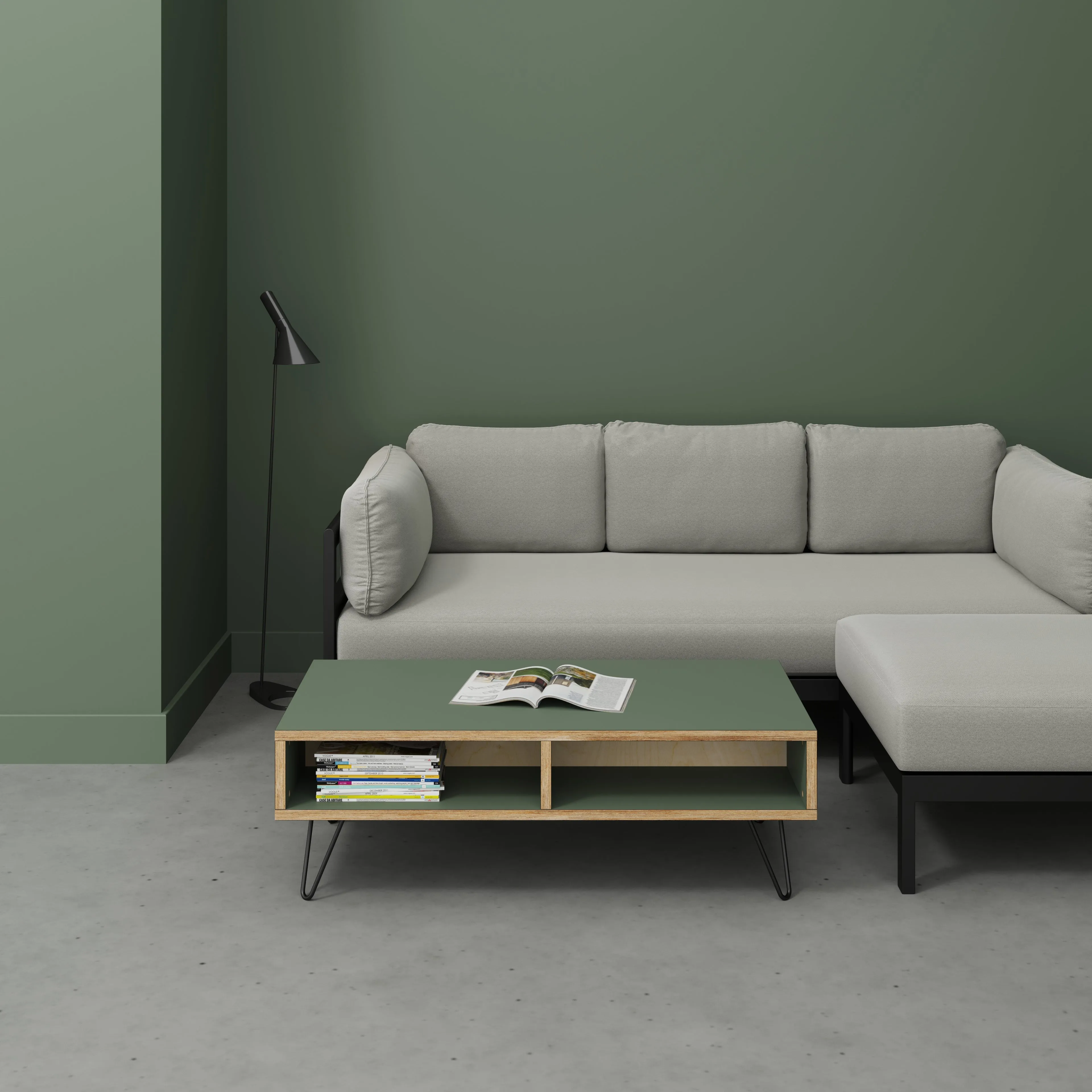 Plywood Coffee Table with Box Storage and Black Hairpin Legs - Formica Green Slate - 1200(w) x 600(d) x 400(h)