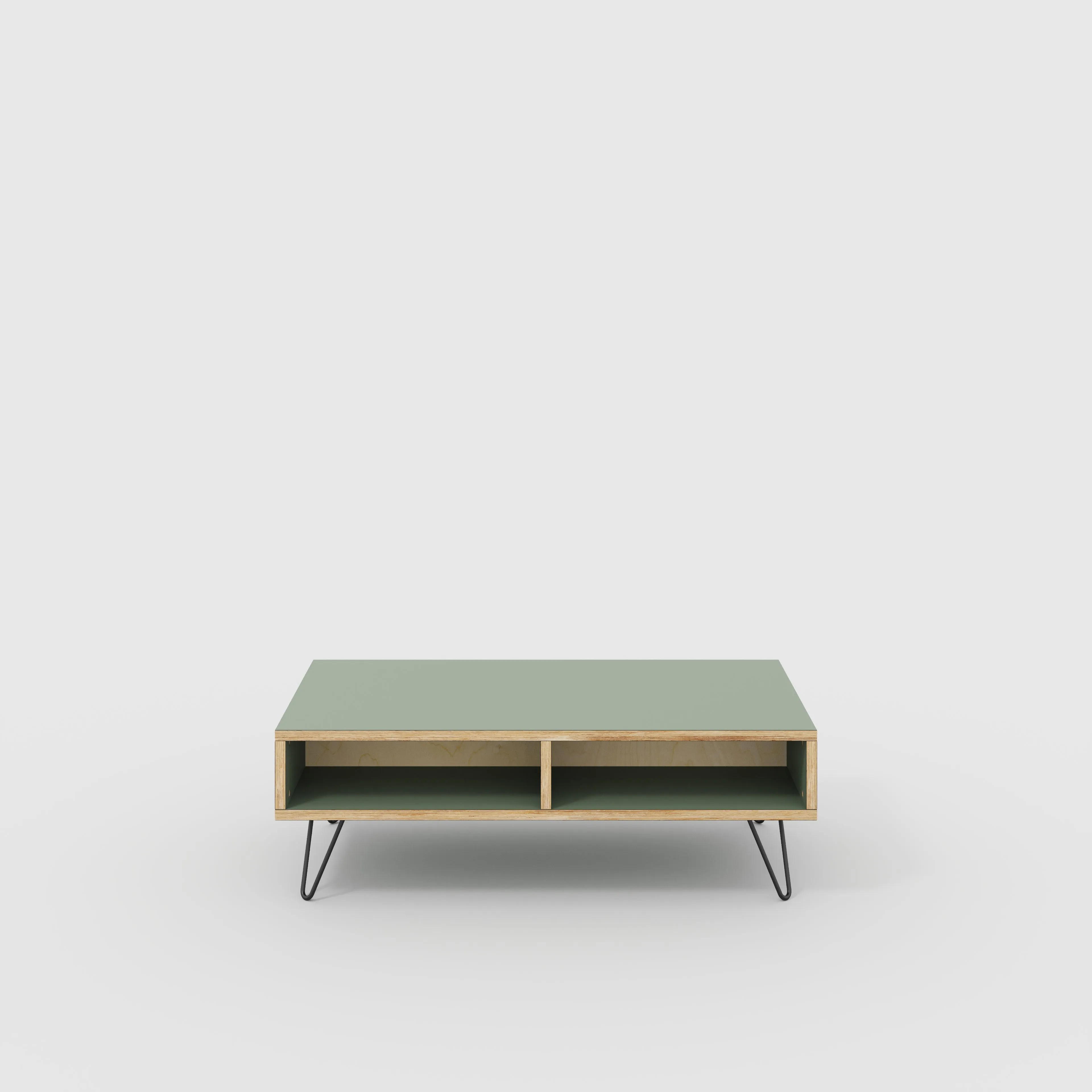 Plywood Coffee Table with Box Storage and Black Hairpin Legs - Formica Green Slate - 1200(w) x 600(d) x 400(h)