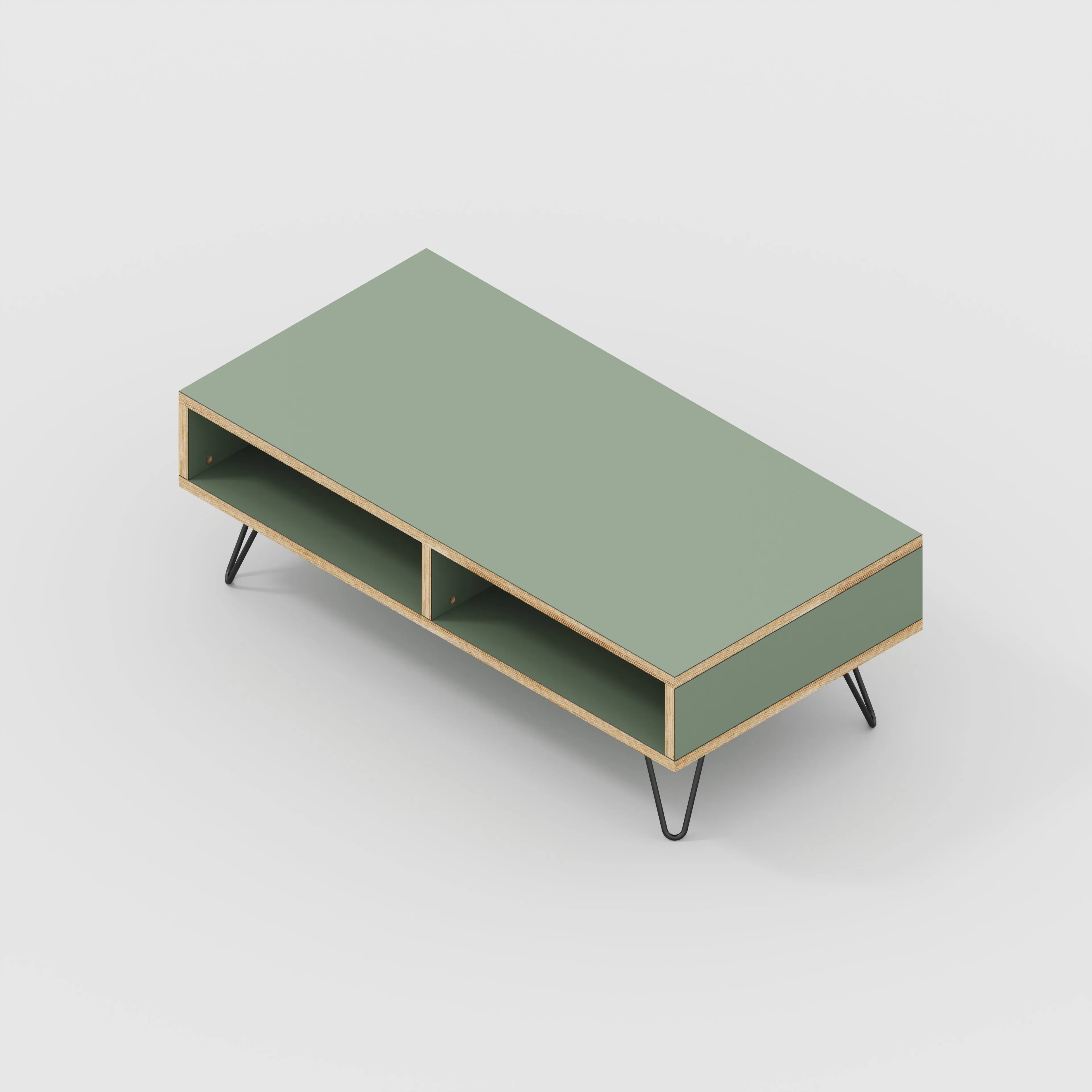 Plywood Coffee Table with Box Storage and Black Hairpin Legs - Formica Green Slate - 1200(w) x 600(d) x 400(h)