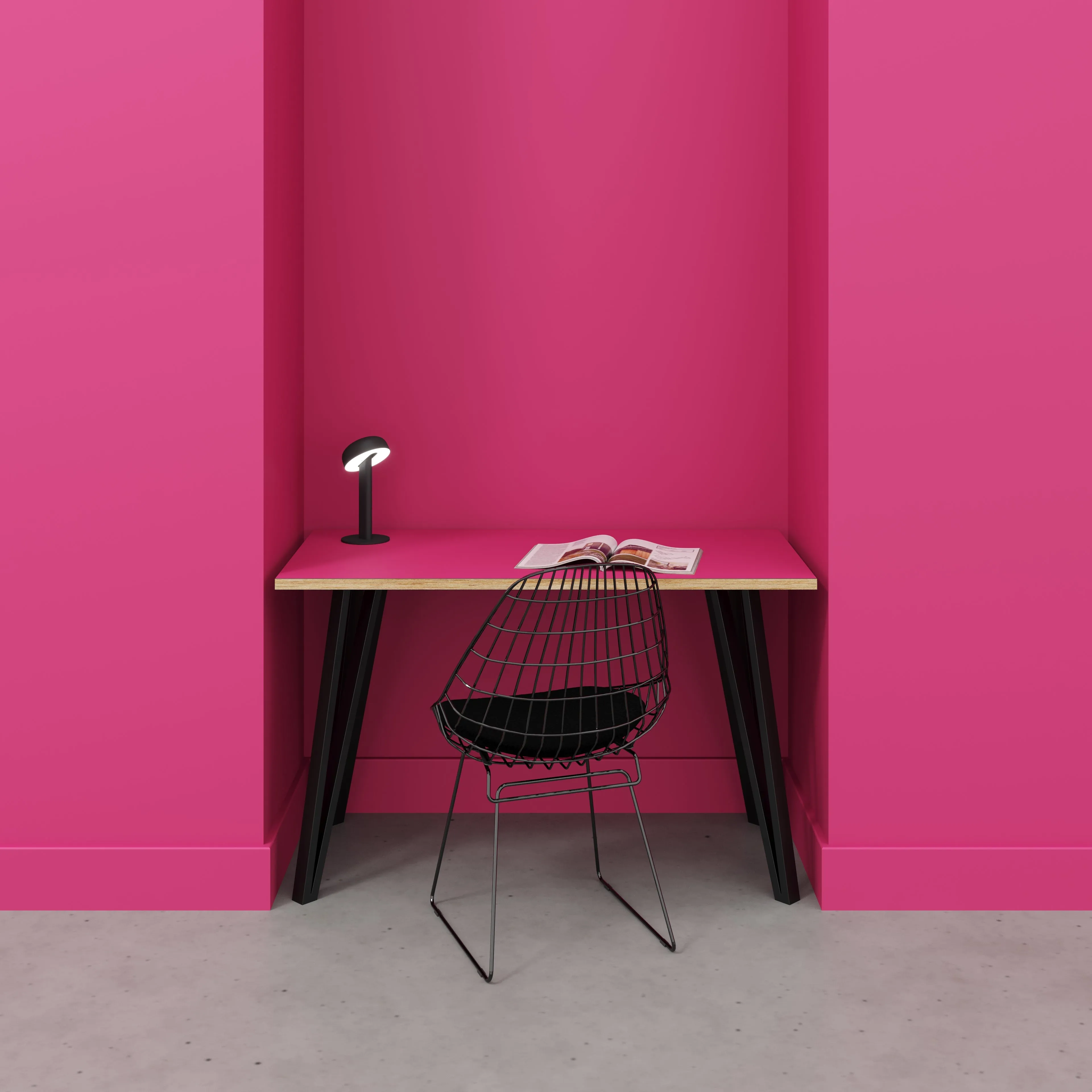 Plywood Desk with Black Box Hairpin Legs - Formica Juicy Pink - 1200(w) x 600(d) x 735(h)