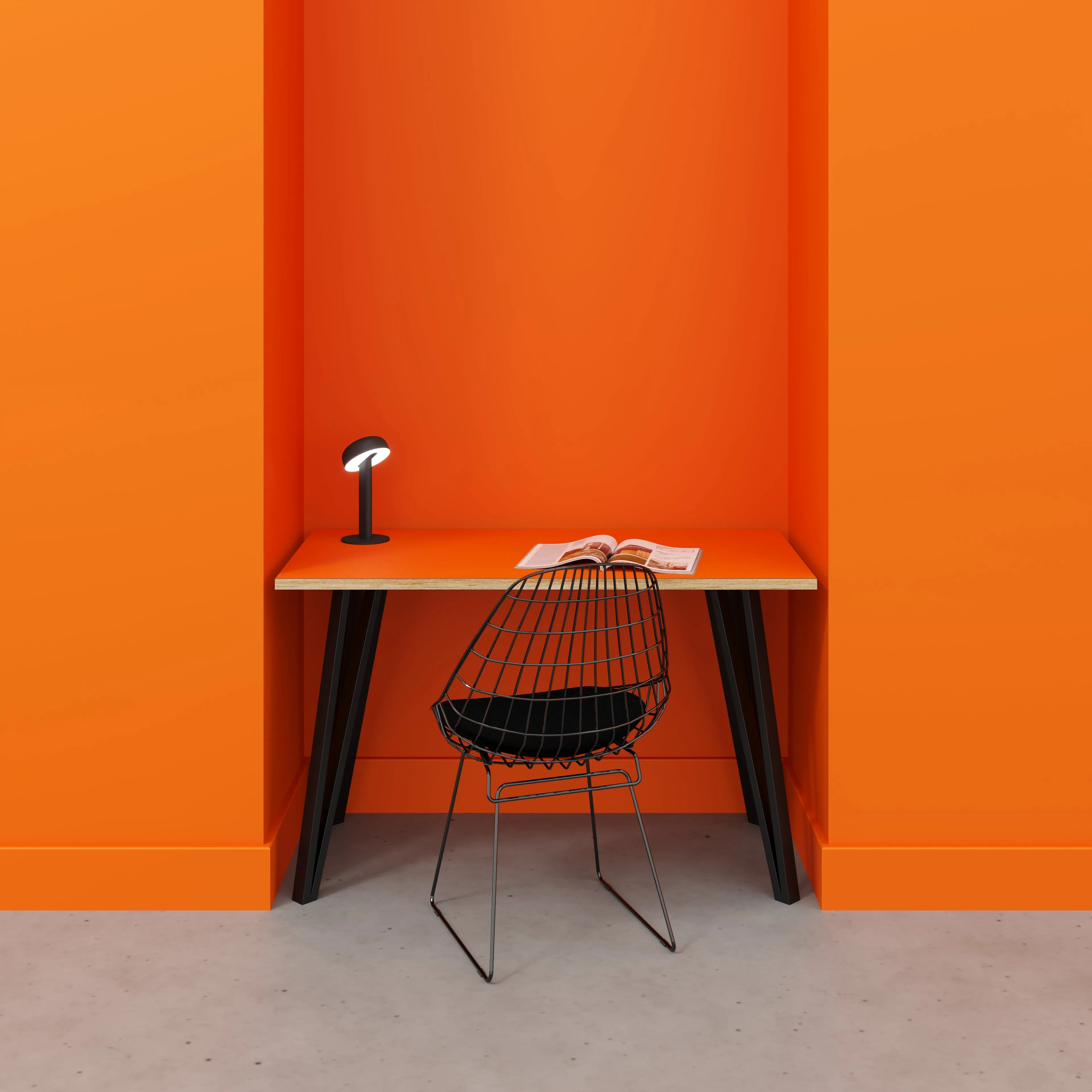 Plywood Desk with Black Box Hairpin Legs - Formica Levante Orange - 1200(w) x 600(d) x 735(h)