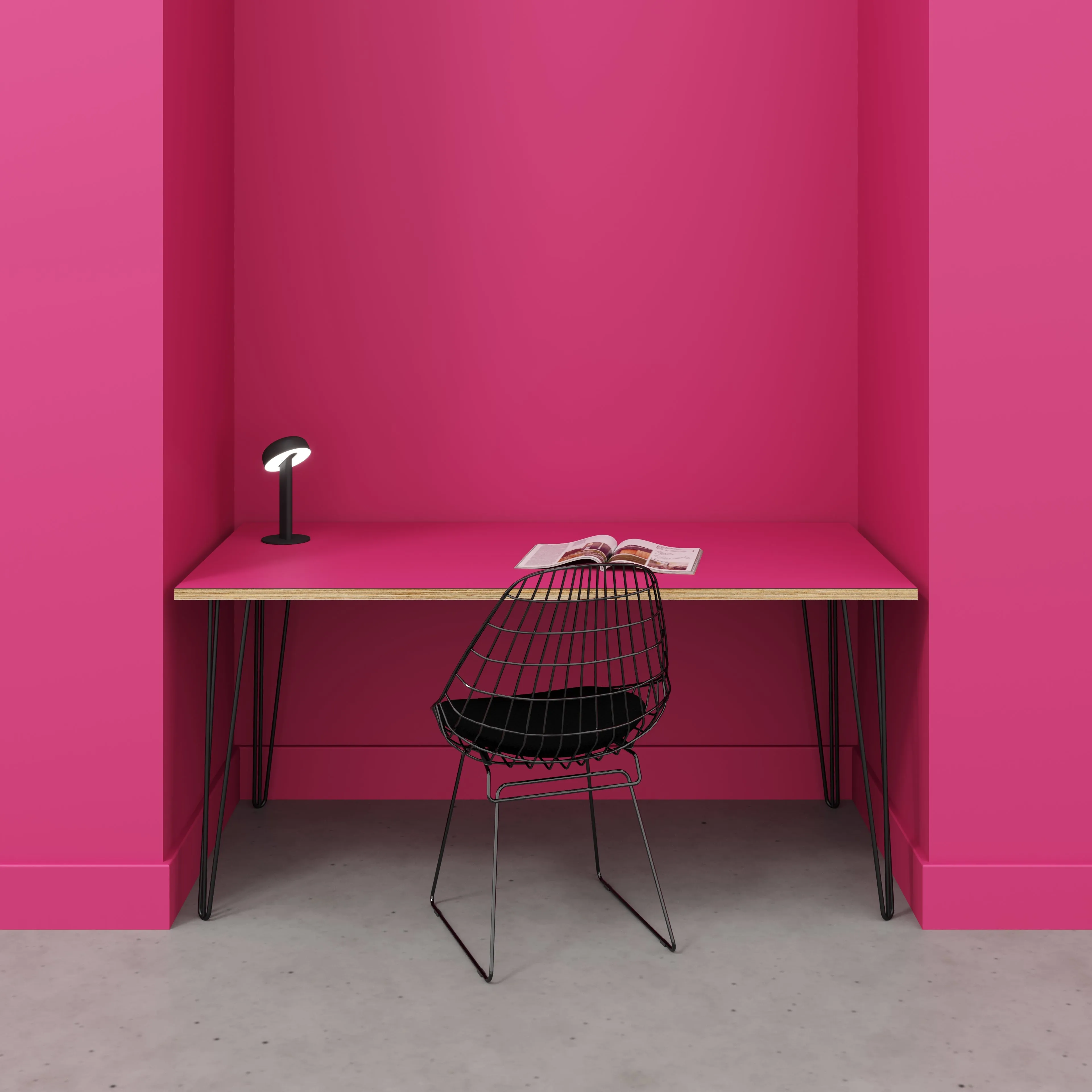 Plywood Desk with Black Hairpin Legs - Formica Juicy Pink - 1600(w) x 800(d) x 735(h)