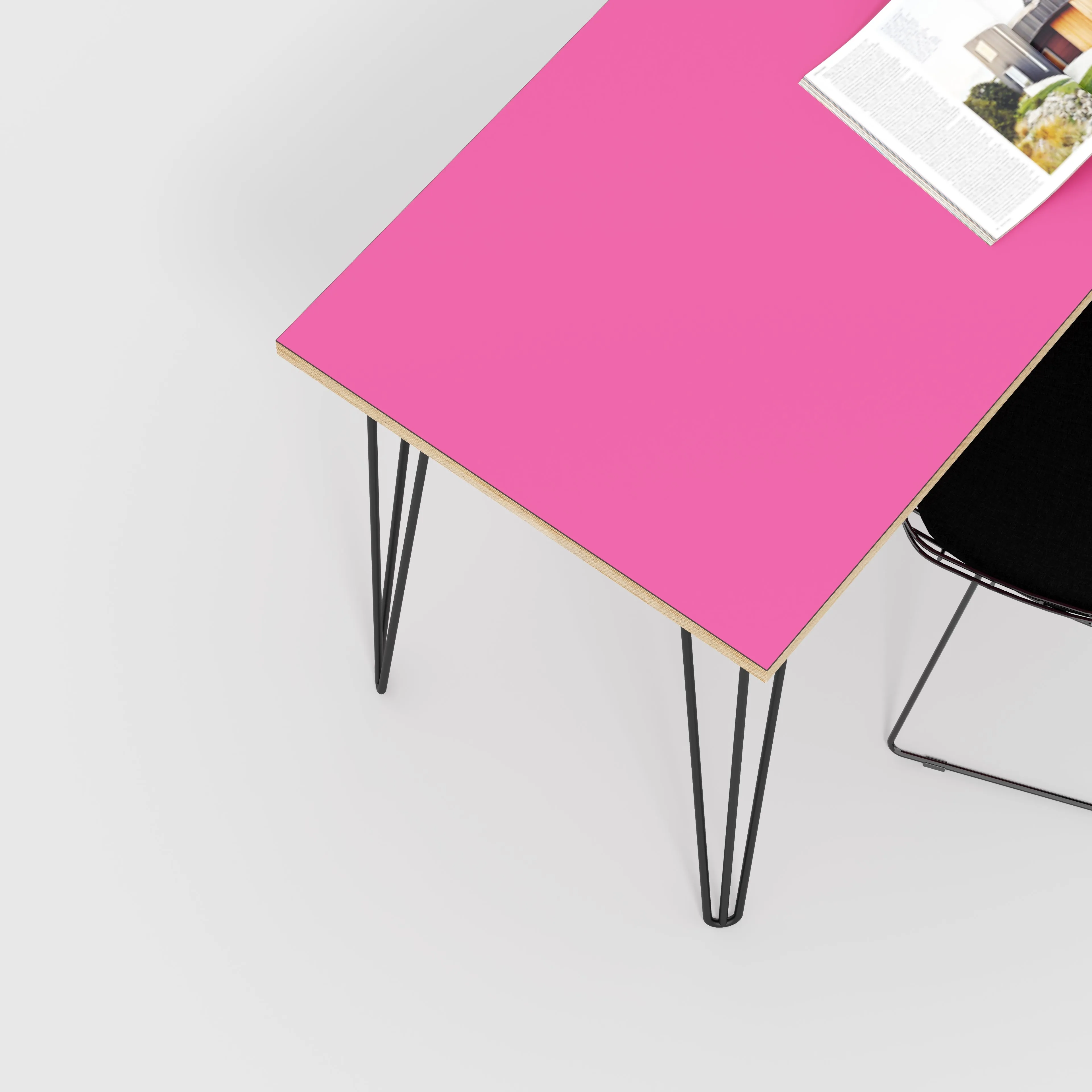 Plywood Desk with Black Hairpin Legs - Formica Juicy Pink - 1600(w) x 800(d) x 735(h)