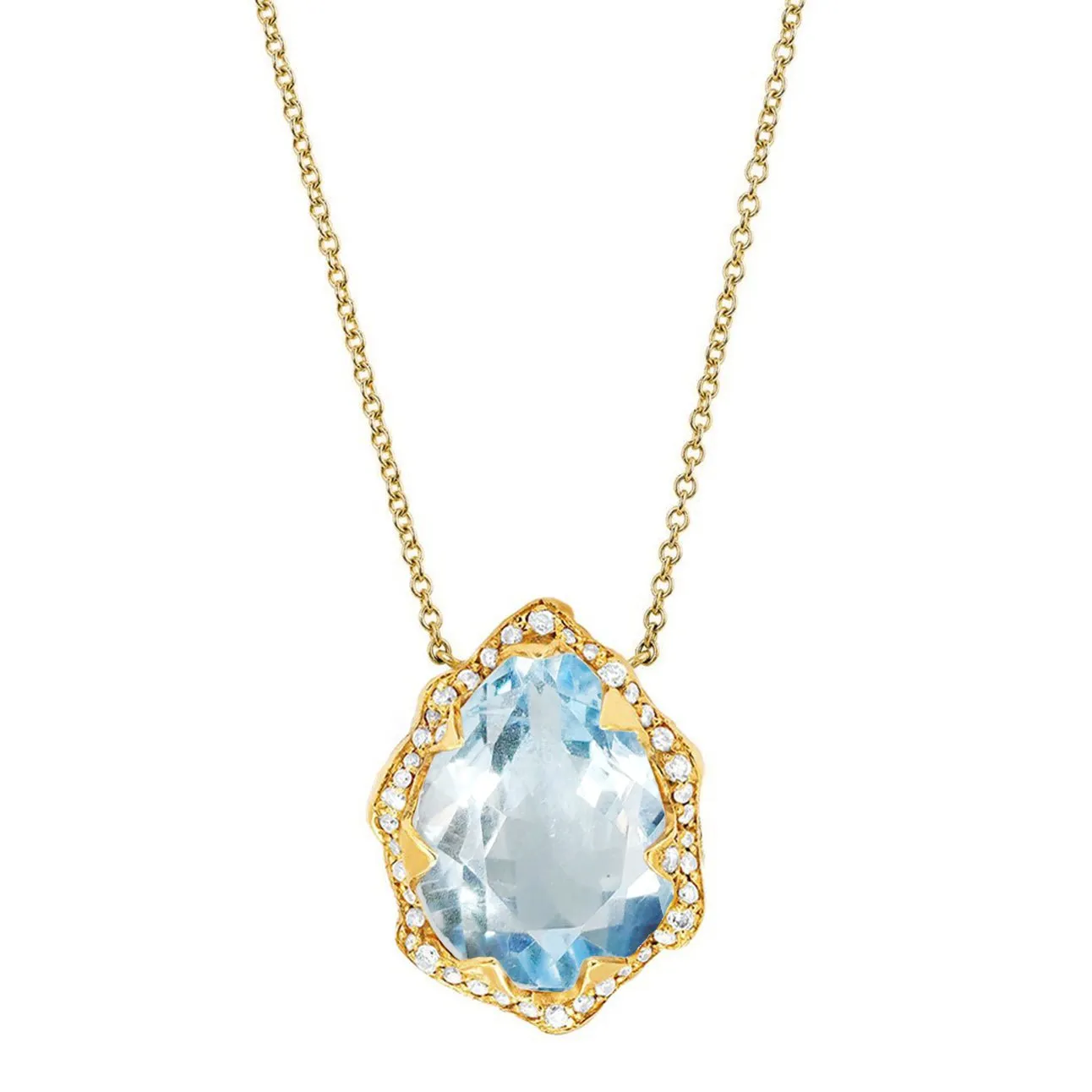 Queen Water Drop Aquamarine Necklace with Full Pavé Diamond Halo