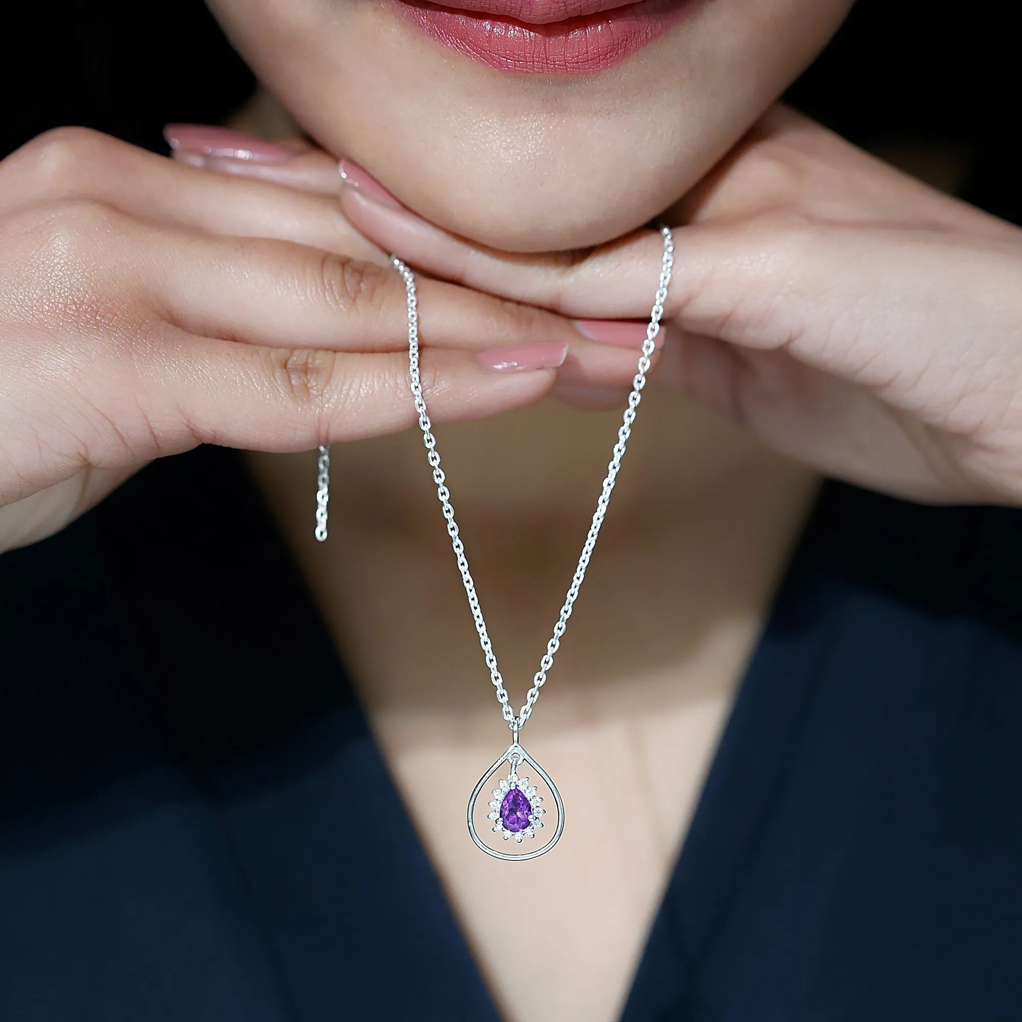 Real Amethyst Moissanite Teardrop Pendant Necklace