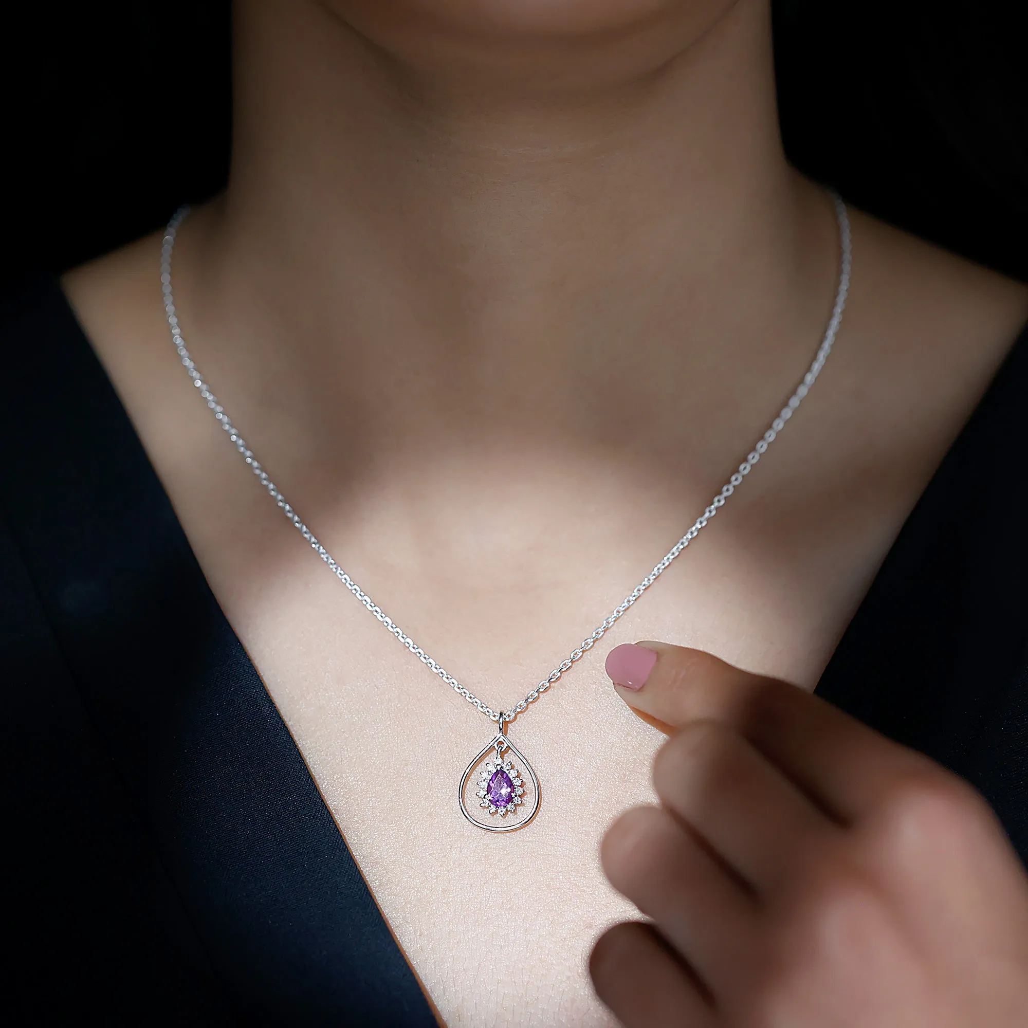 Real Amethyst Moissanite Teardrop Pendant Necklace