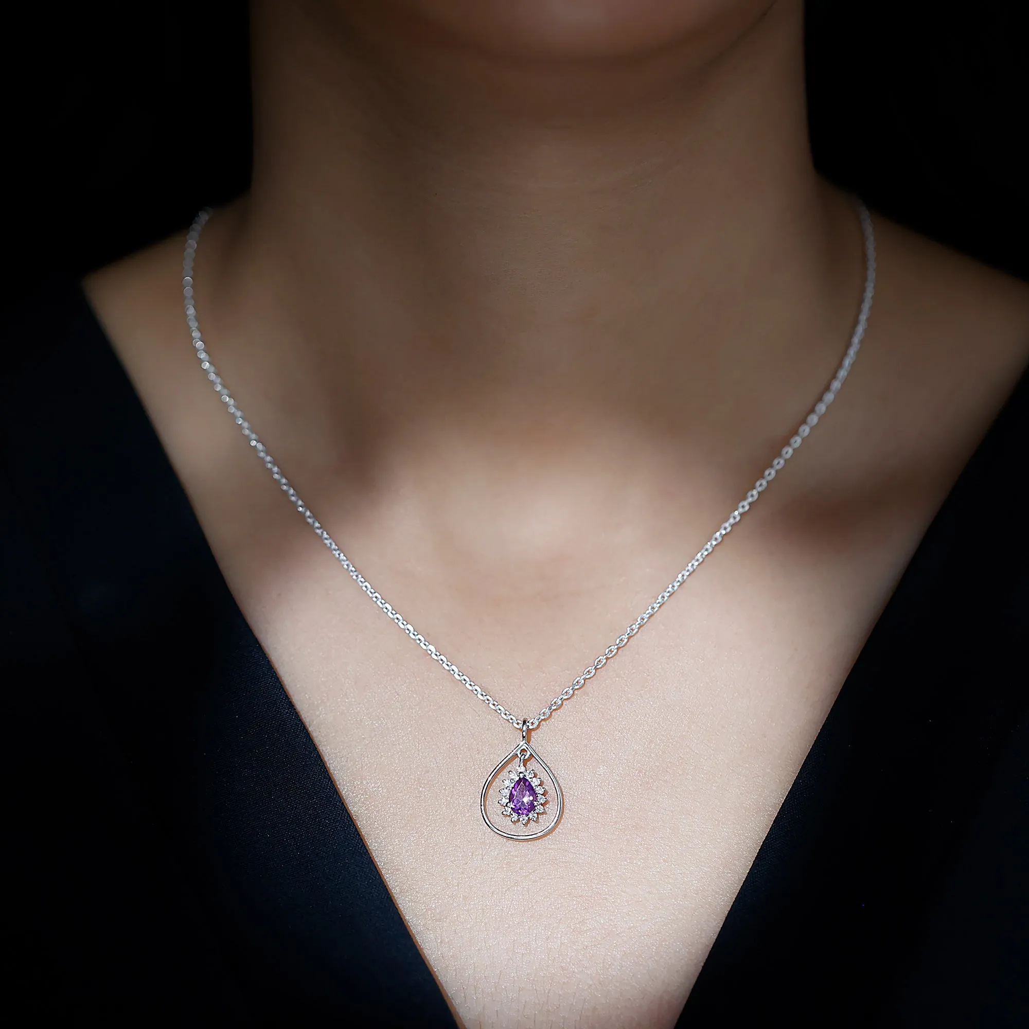 Real Amethyst Moissanite Teardrop Pendant Necklace