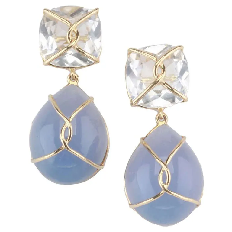 Rock Crystal and Gold Wrapped Cushion Drop Earrings