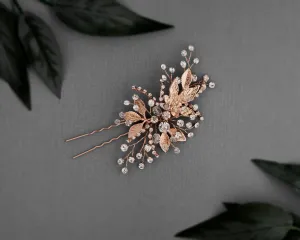 Rose Gold Bridal Hair Pin of Crystals and Leaves