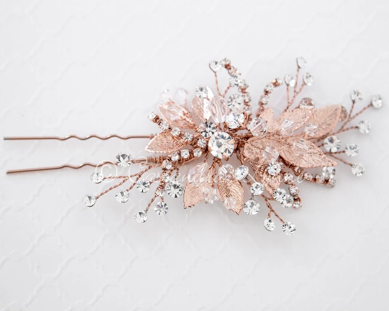 Rose Gold Bridal Hair Pin of Crystals and Leaves