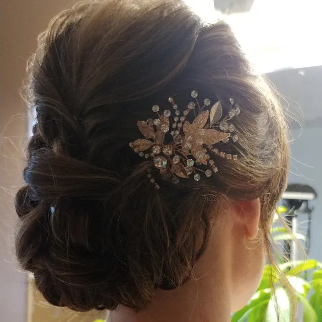 Rose Gold Bridal Hair Pin of Crystals and Leaves