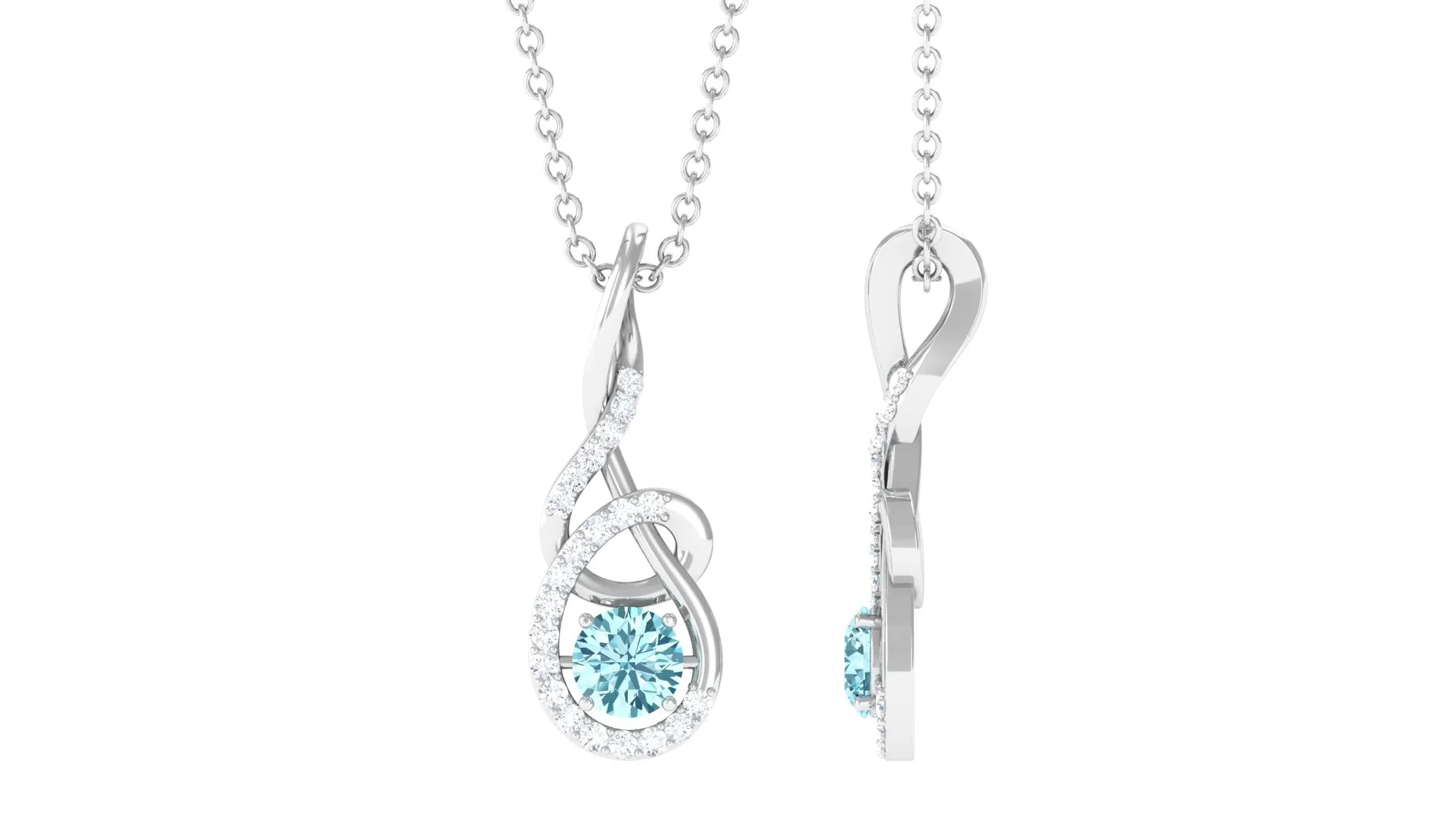 Round Aquamarine and Diamond Twisted Pendant Necklace