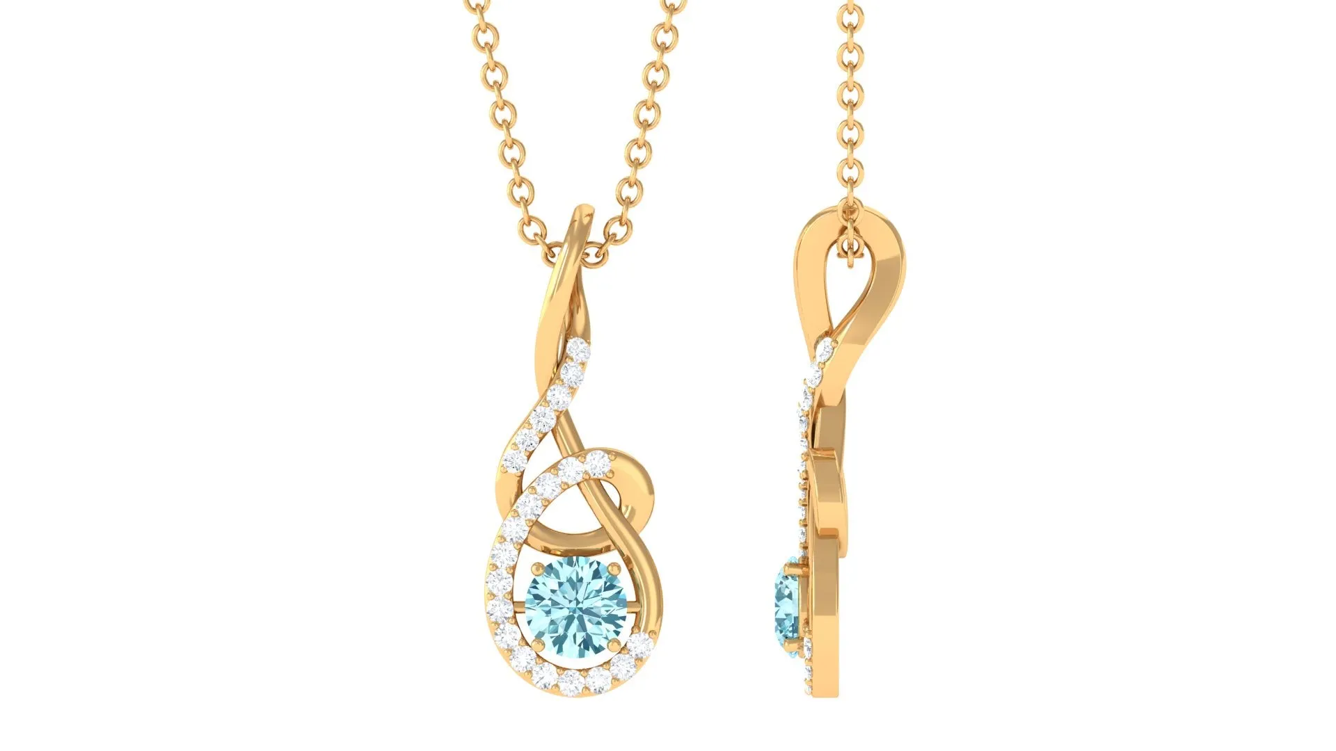 Round Aquamarine and Diamond Twisted Pendant Necklace