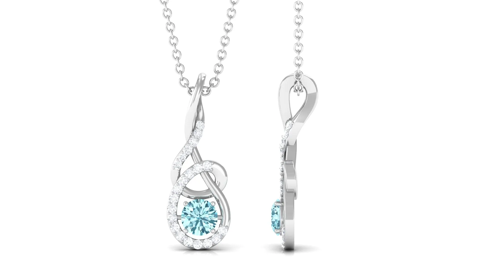 Round Aquamarine and Diamond Twisted Pendant Necklace