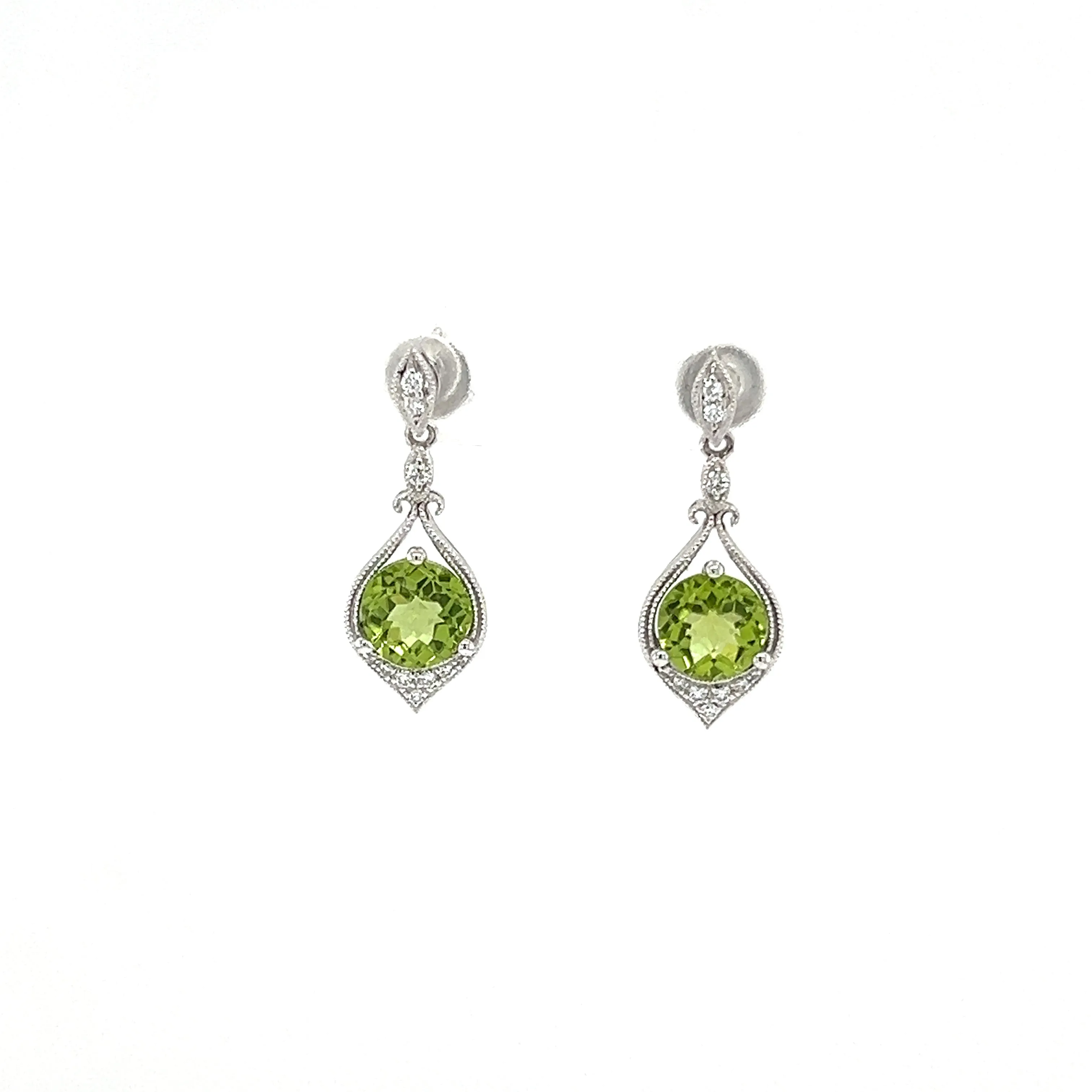 Round Peridot Drop Earrings with Twenty Diamonds in 14K White Gold