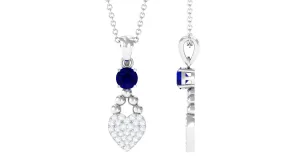 Round Shape Blue Sapphire and Diamond Heart Pendant