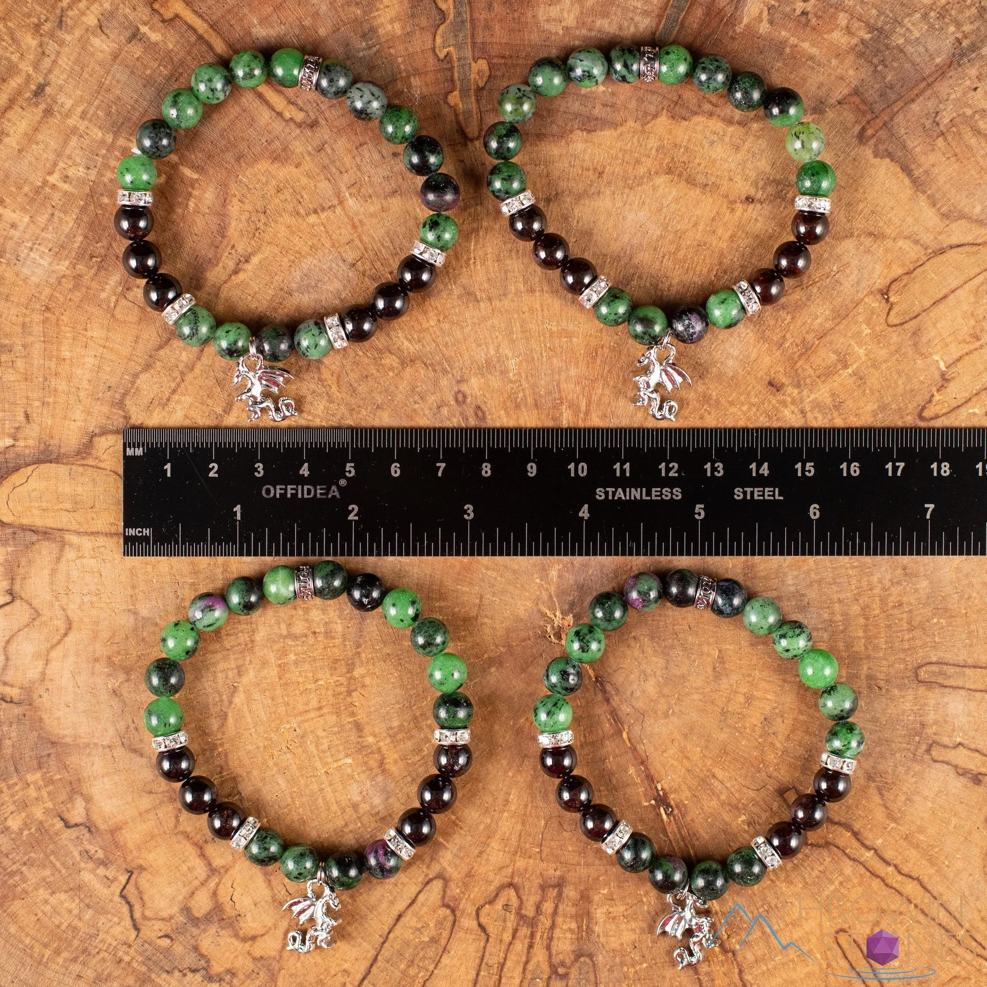 RUBY ZOISITE & GARNET Crystal Bracelet - Dragon Charm, Round Beads - Charm Bracelet, Beaded Bracelet, Handmade Jewelry, E1976