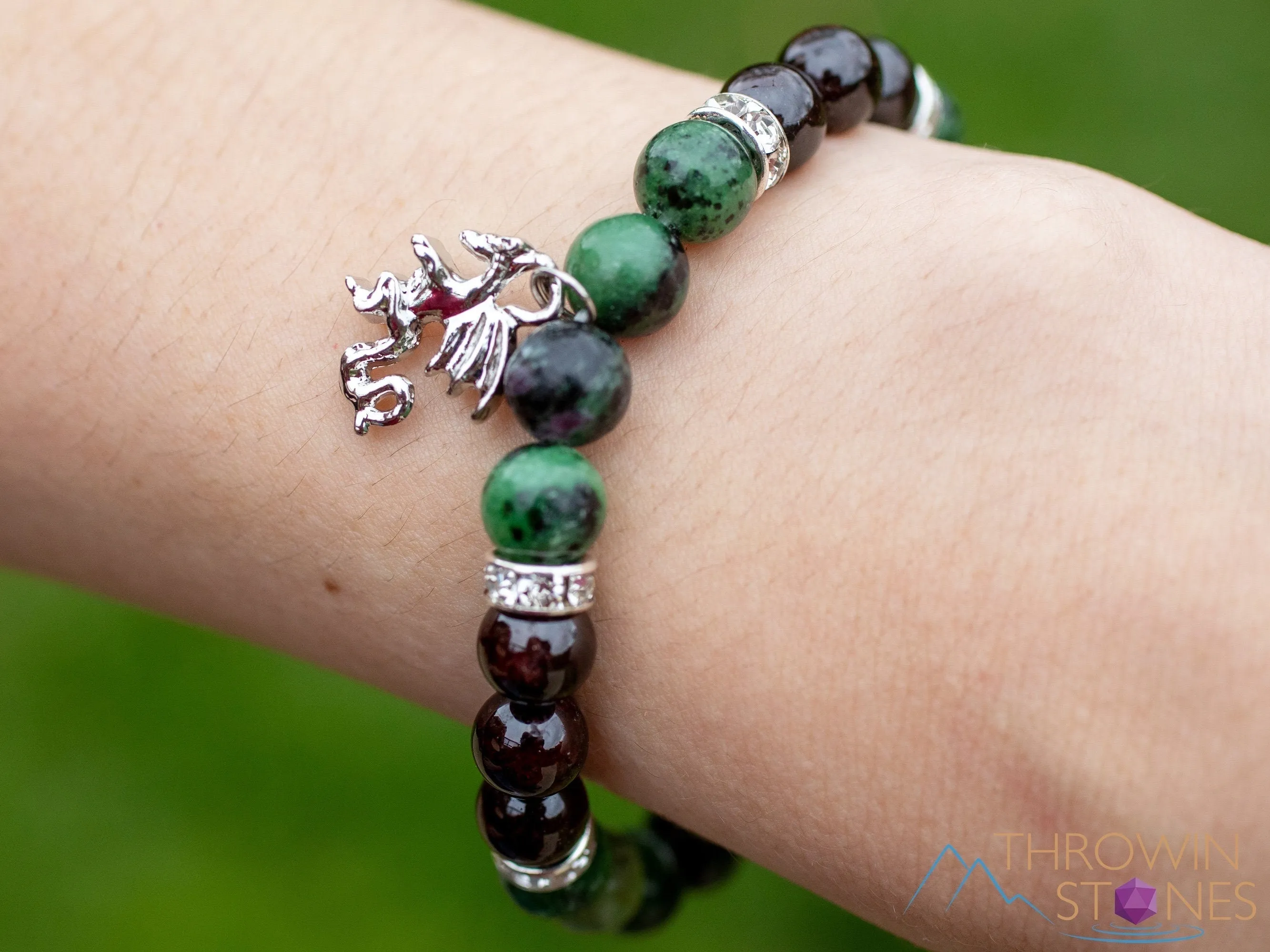 RUBY ZOISITE & GARNET Crystal Bracelet - Dragon Charm, Round Beads - Charm Bracelet, Beaded Bracelet, Handmade Jewelry, E1976