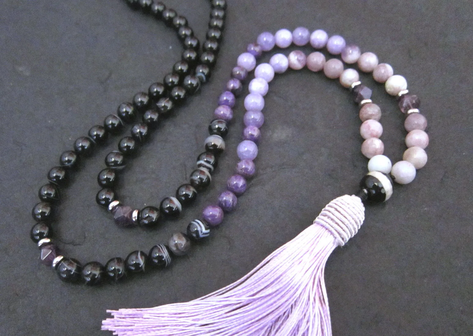 SALE - 108 Beaded Tassel Necklace in Agate, Amethyst, Charoite ~Root Chakra Mala