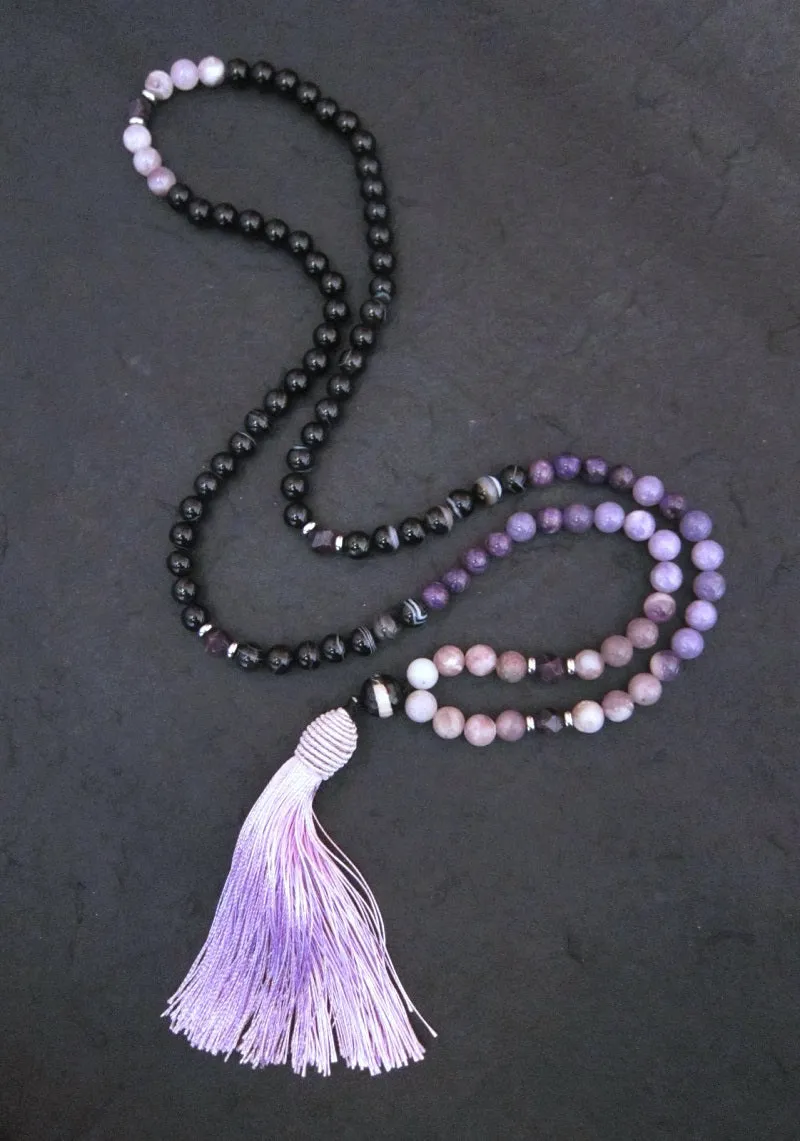 SALE - 108 Beaded Tassel Necklace in Agate, Amethyst, Charoite ~Root Chakra Mala