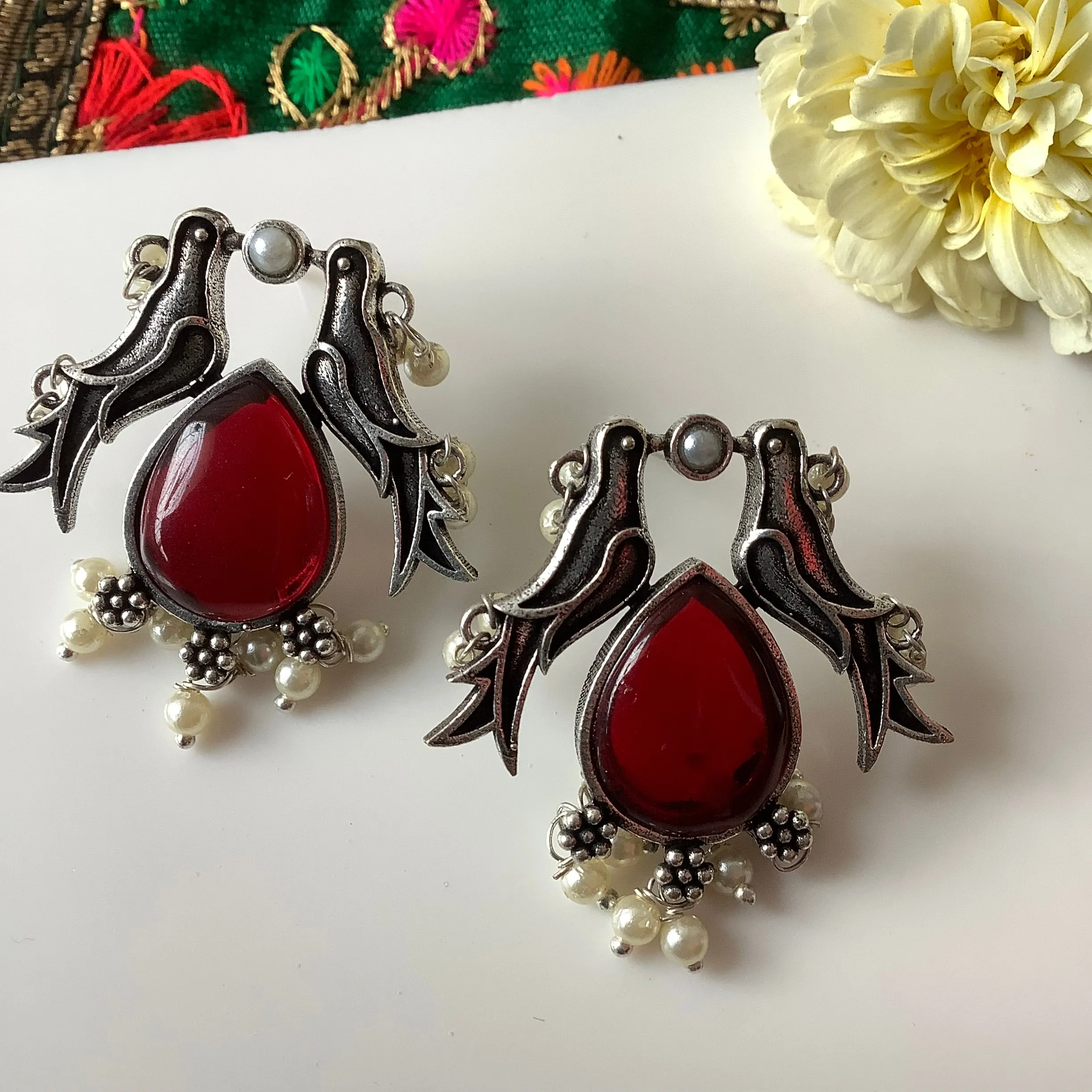 Salvanity German Silver Twin Bird Earrings Red