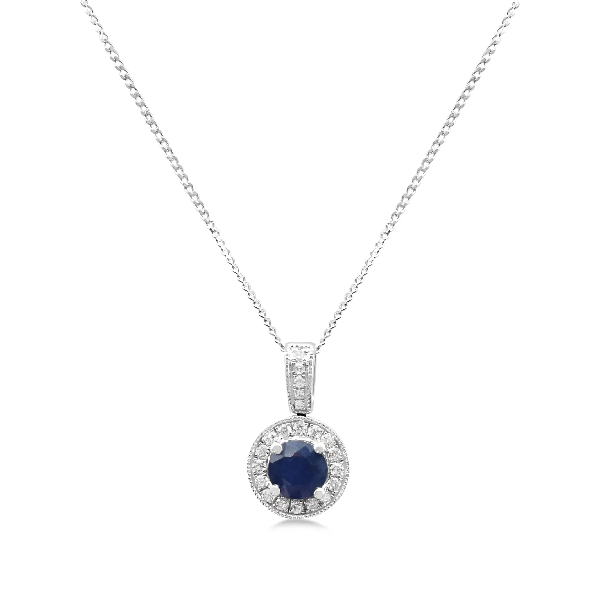 Sapphire & Brilliant Cut Diamond Pendant On Necklace - 18ct White Gold