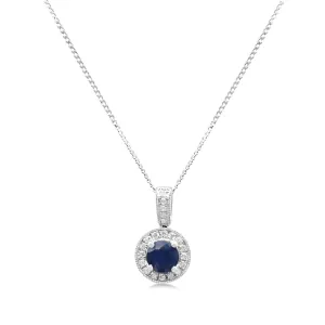 Sapphire & Brilliant Cut Diamond Pendant On Necklace - 18ct White Gold