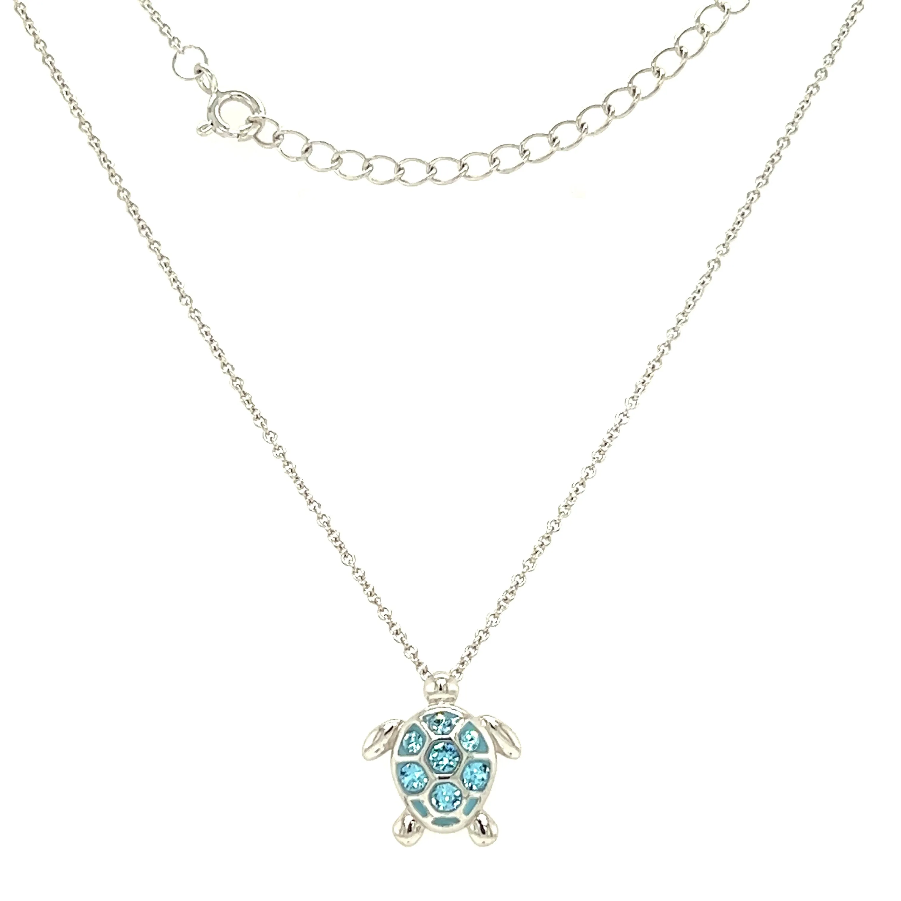 Sea Turtle Necklace with Aqua Crystals in Sterling Silver